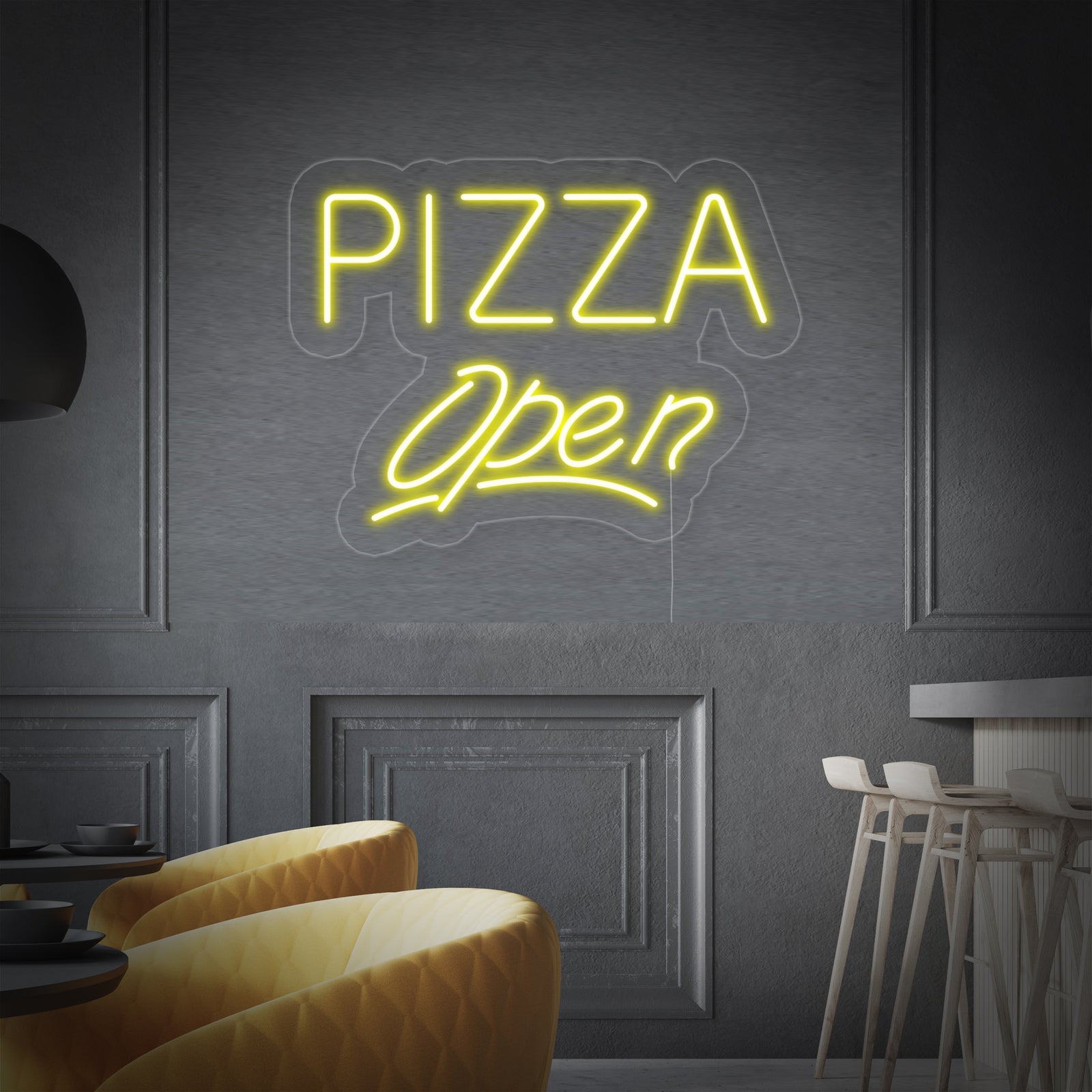 Vibrant Pizza Open neon sign displayed on a rustic brick wall inside a bustling pizza shop. The custom neon sign provides warm ambient lighting, attracting customers and adding a retro touch to the restaurant interior.