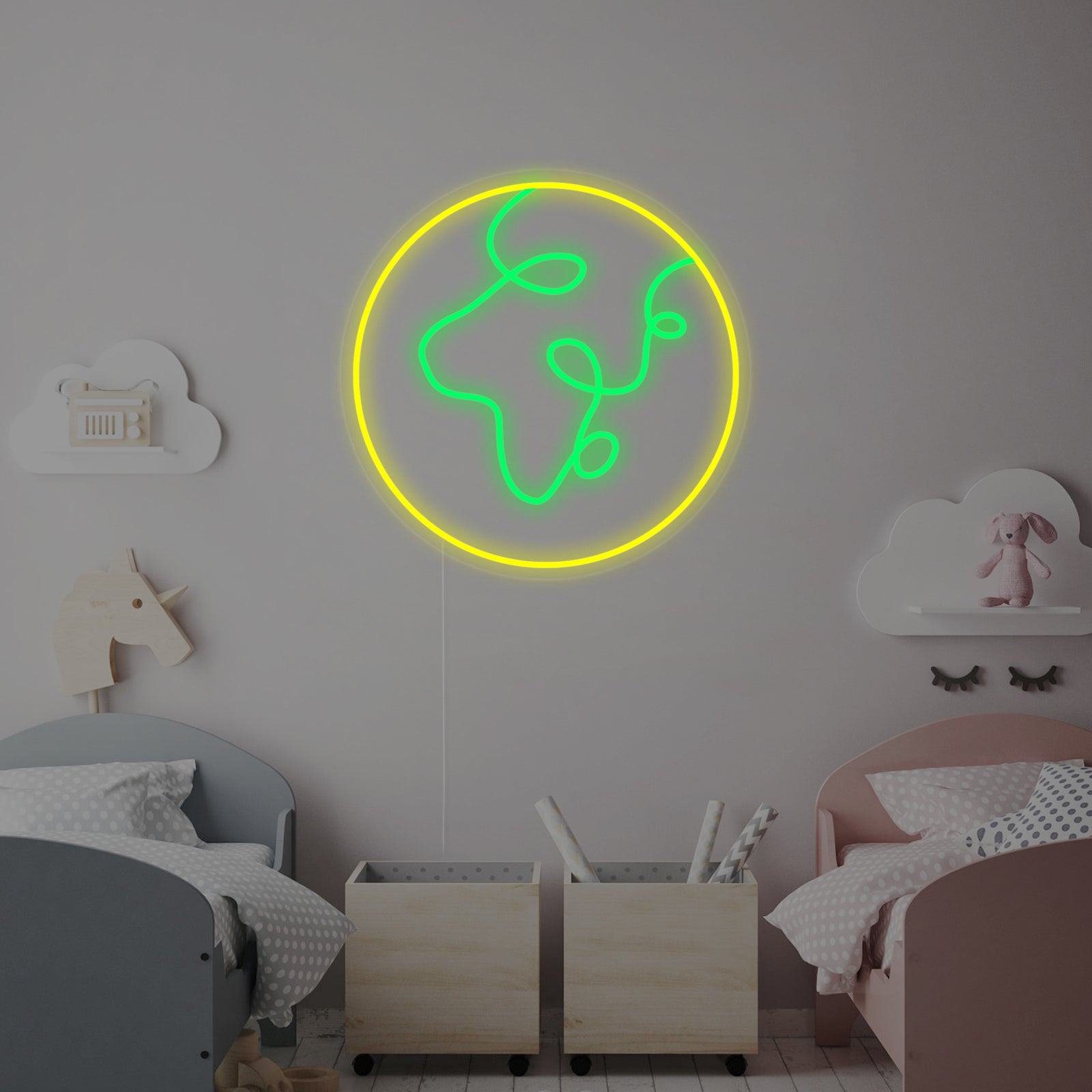 A glowing blue and green neon sign depicting the concentric rings of Planet Earth, shown against a blurred background with planets and stars.