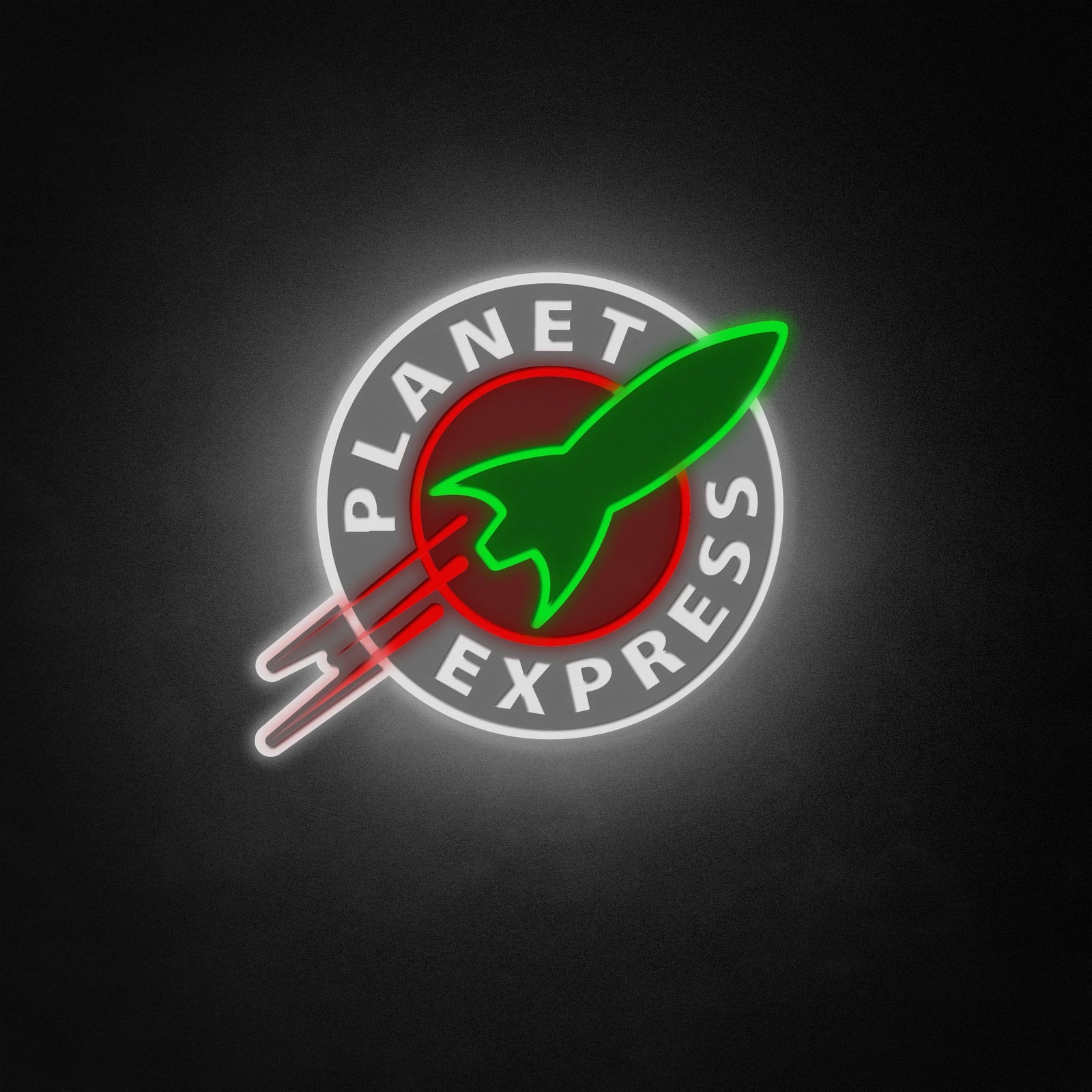 Planet Express dimensional neon sign glowing green and yellow on a wall.