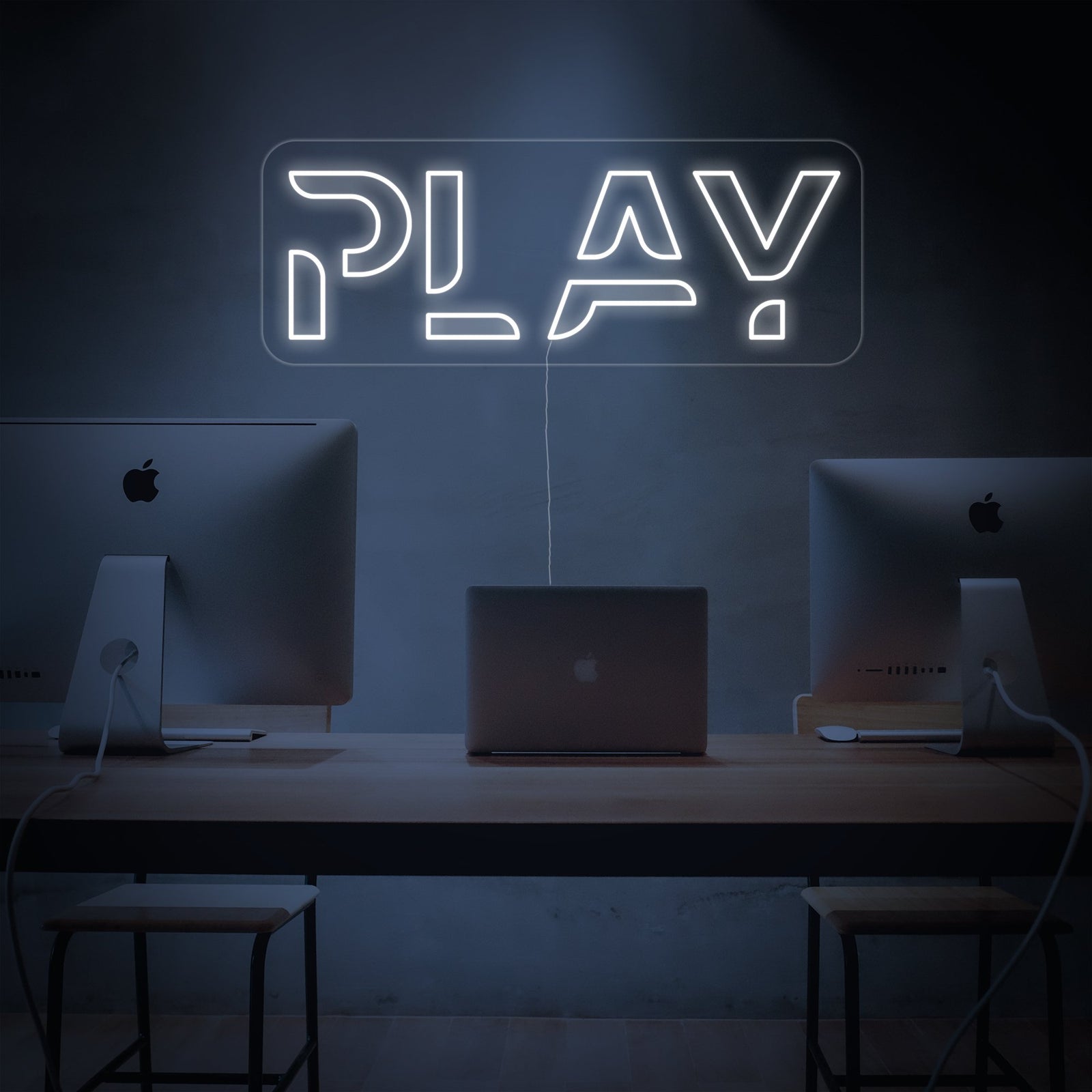 Digital mockup of a glowing red and white 'Gaming Play' neon sign against a dark, futuristic background.