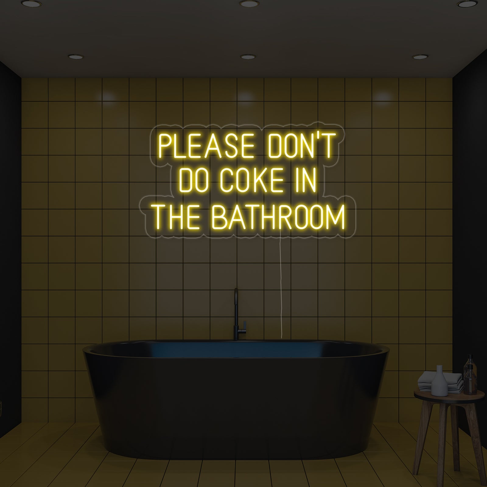 A focused shot of the bright red neon sign 'Please Dont Do Coke in The Bathroom' illuminated against a textured dark bathroom wall, showing clear tube detail and acrylic backing.
