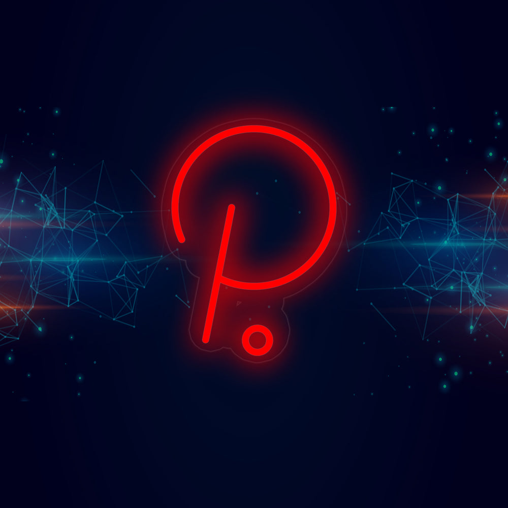 The Polkadot DOT crypto neon sign design with its clear tube structures and acrylic backplate outline set against a decorative digital background.