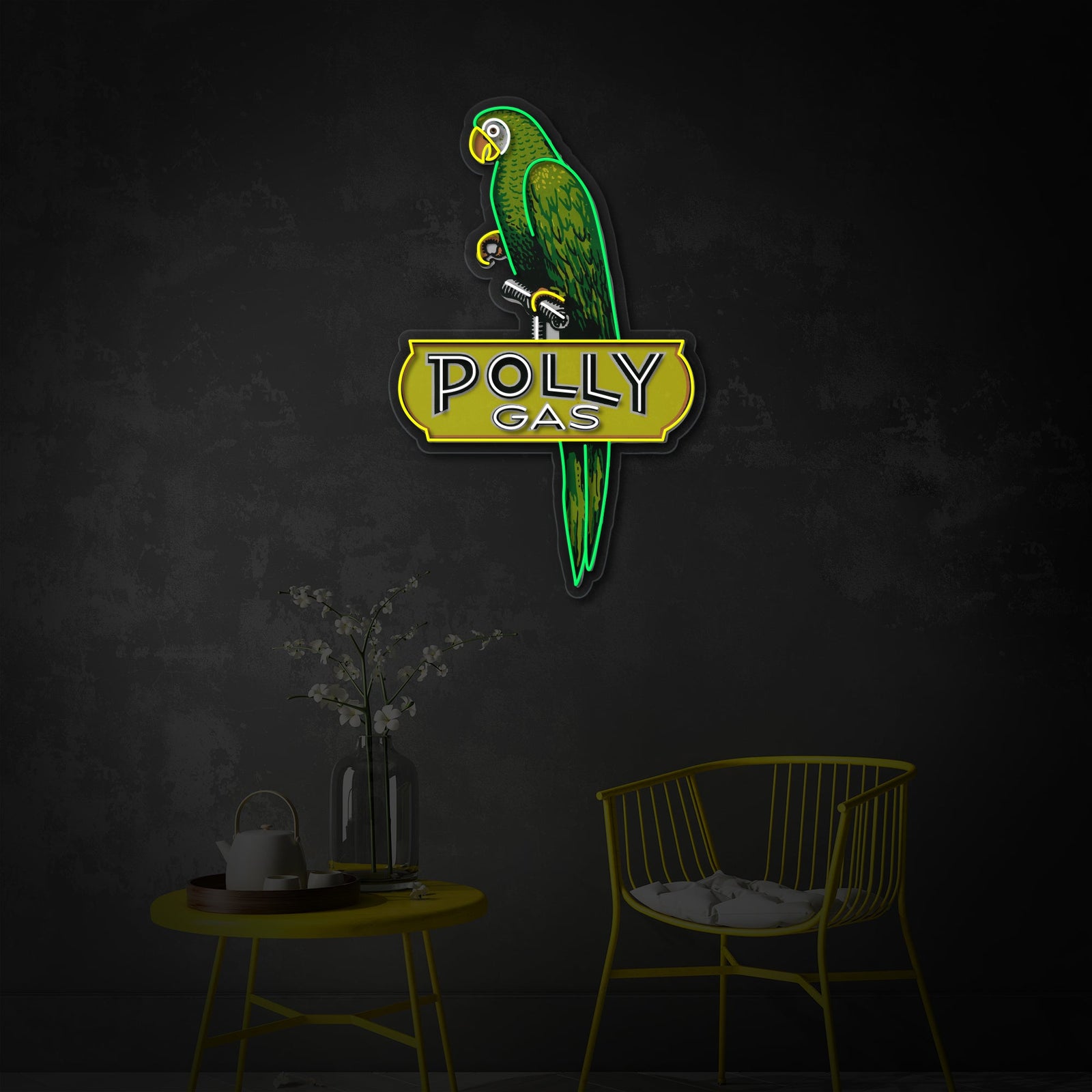 A clean digital design render of the Poll Gas Logo neon sign, highlighting the precise placement of the glowing elements and UV printed graphics.