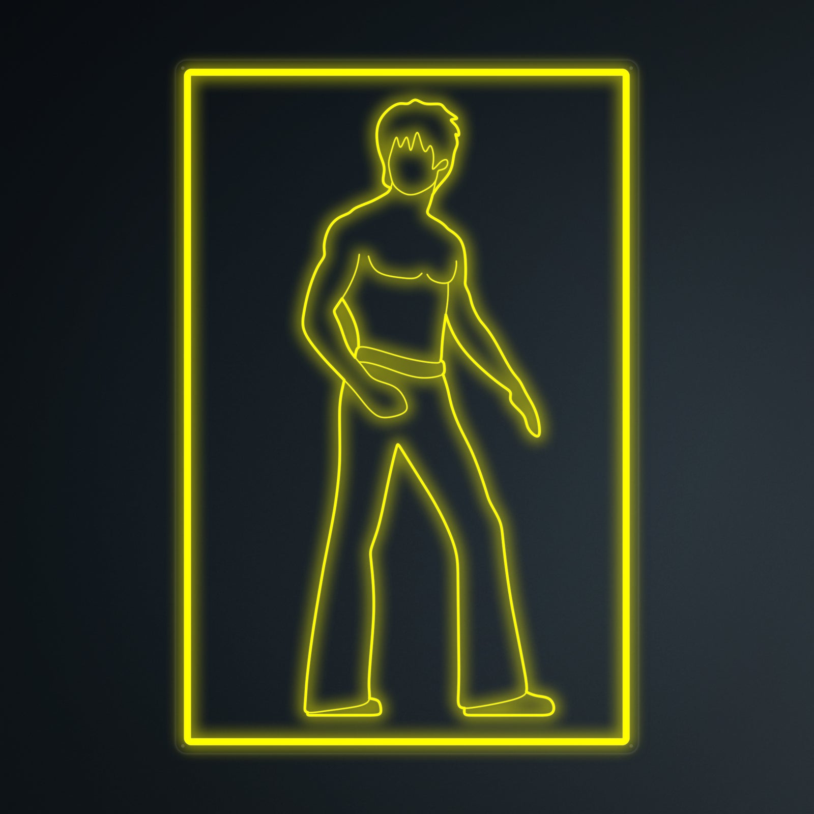 Digital rendering of the KungFu Bruce neon sign glowing white on a dark textured background.