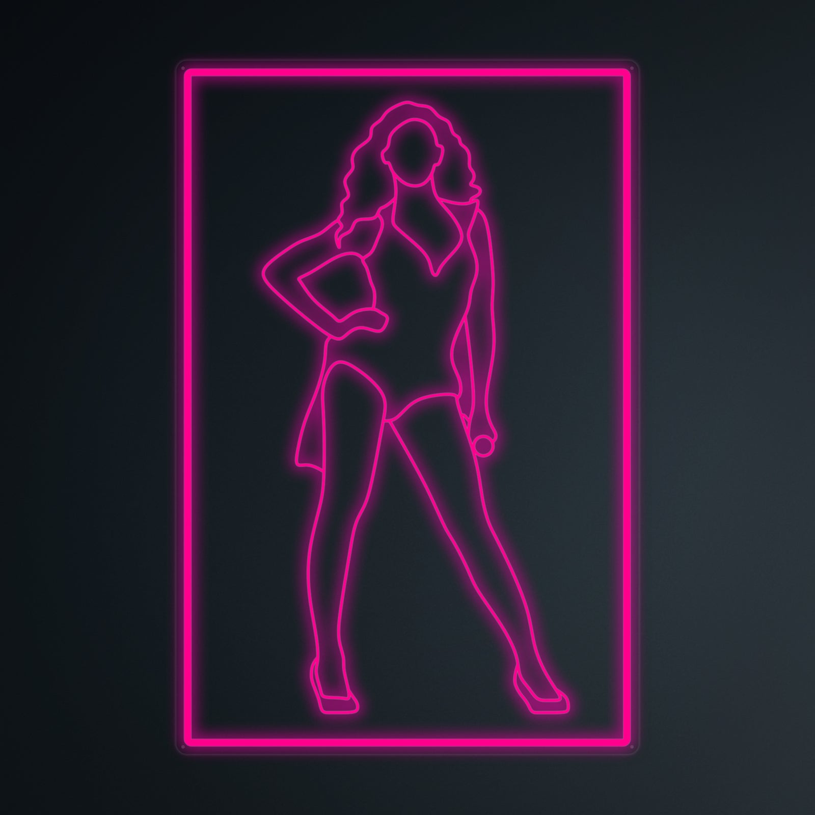 A glowing neon graphic of Beyonce, pop culture icon, in white outline against a plain dark background.