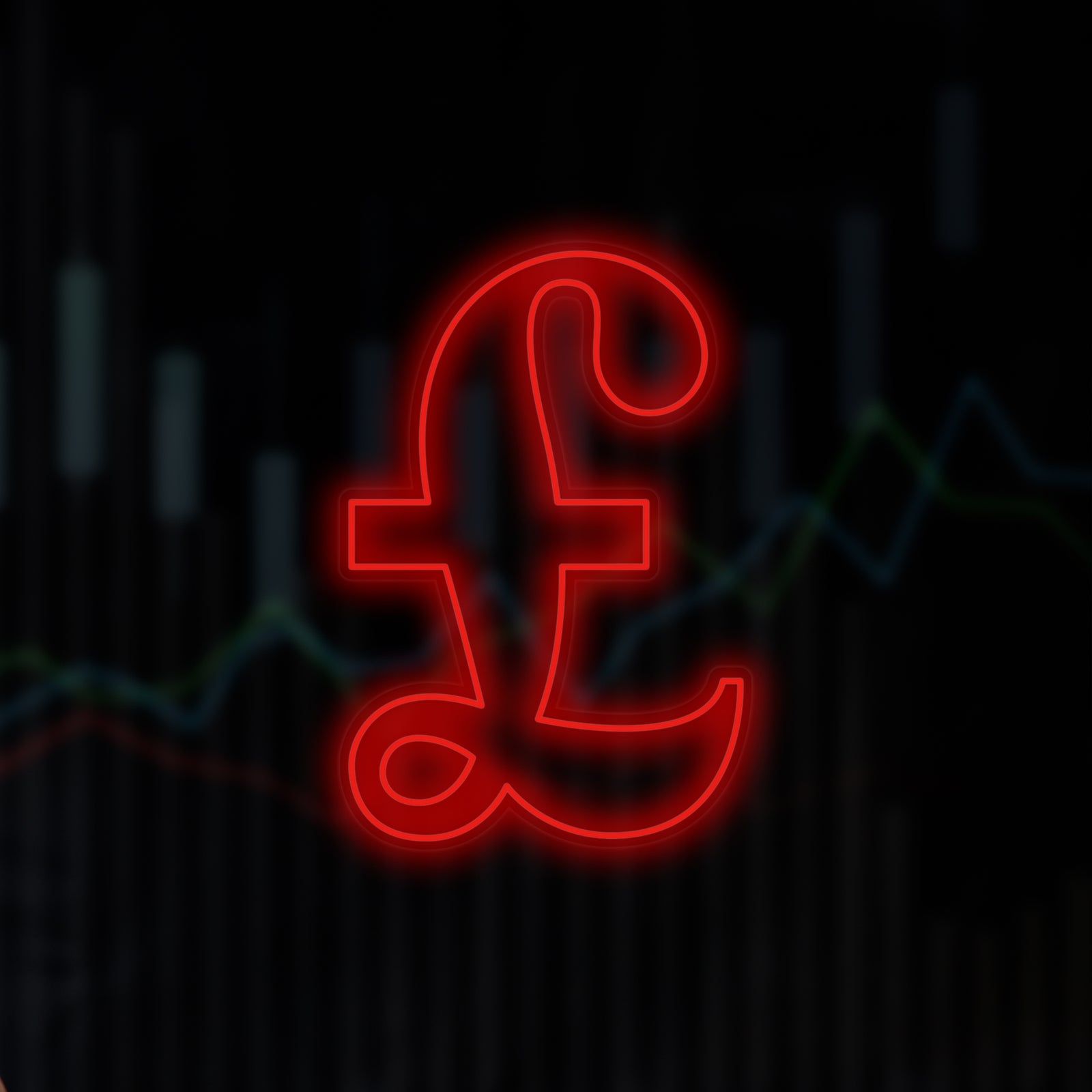 A digital rendering of the Pound Symbol with a bright, neon-like glow effect against a backdrop of a financial data chart.