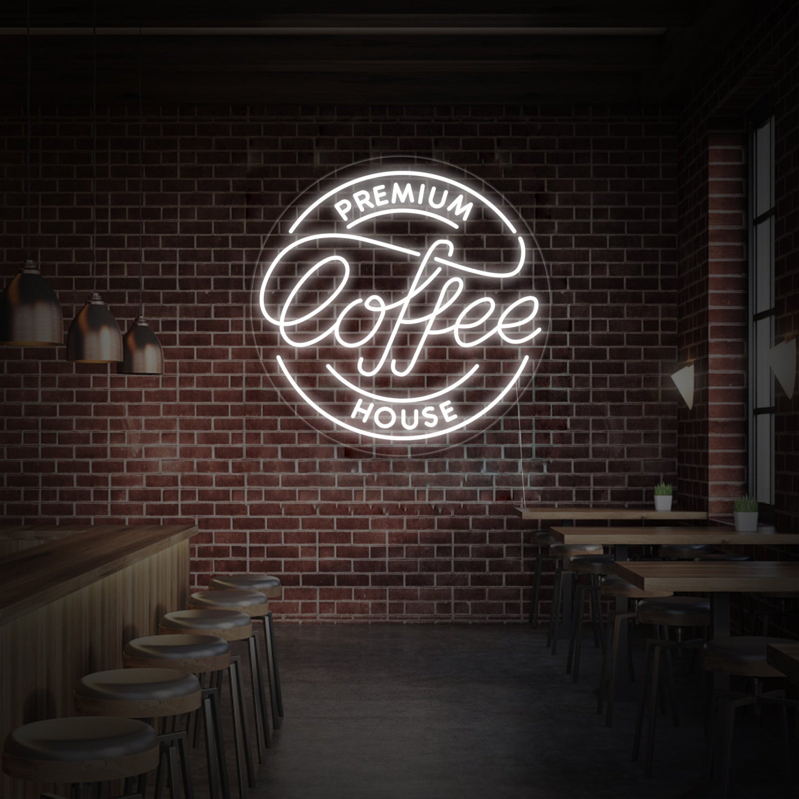 Close-up of the "Premium Coffee House" neon sign graphic with clear mounting backboard.