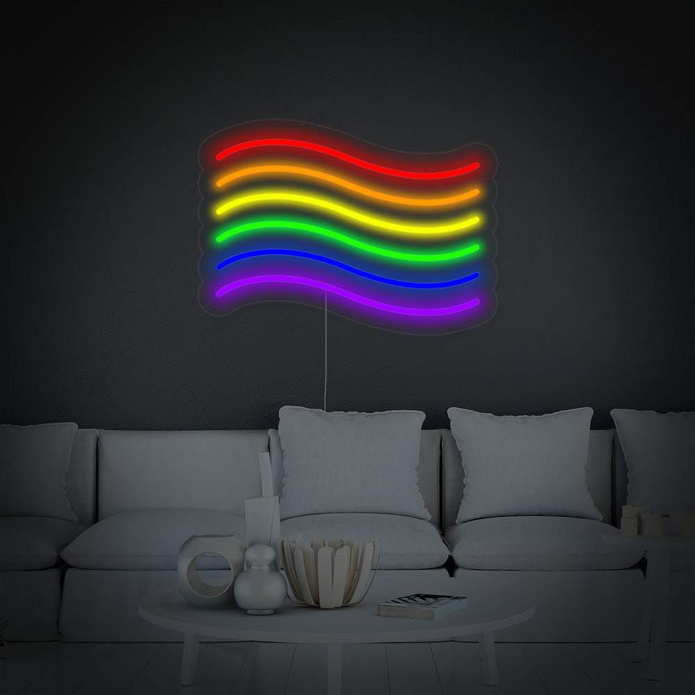 Pride Rainbow Flag neon sign on a clear acrylic backing, showing the realistic neon tubes and power cord, isolated on a clean background.