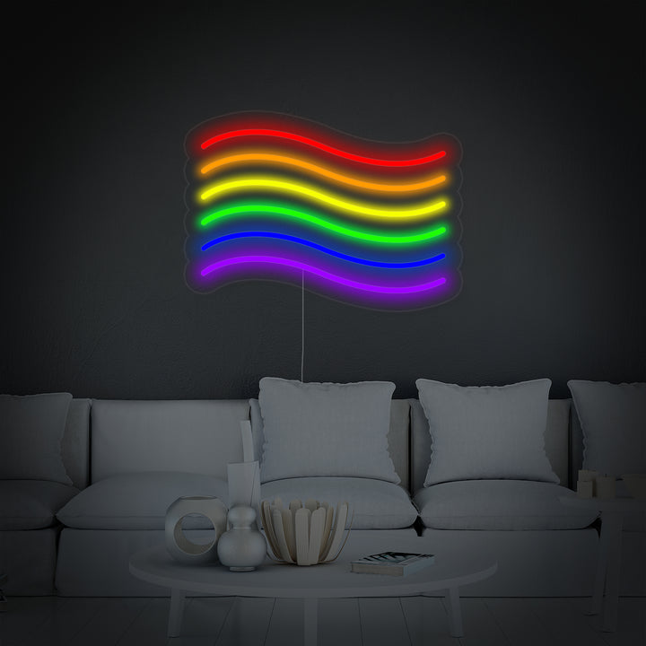 Pride Rainbow Flag neon sign on a clear acrylic backing, showing the realistic neon tubes and power cord, isolated on a clean background.