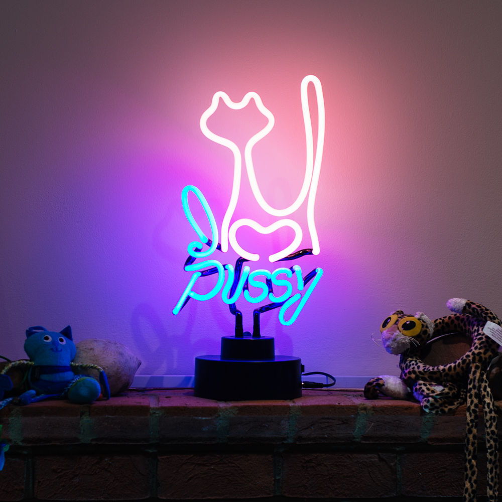 A table neon sign in the shape of a seated pussy cat, emitting a red-orange glow from visible glass tubing, sitting on a wooden shelf in a room setting.