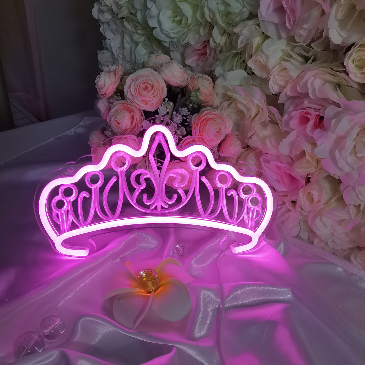 A Queen Crown mini neon sign glowing pink and white mounted on a textured blue wall next to small decorative plants.