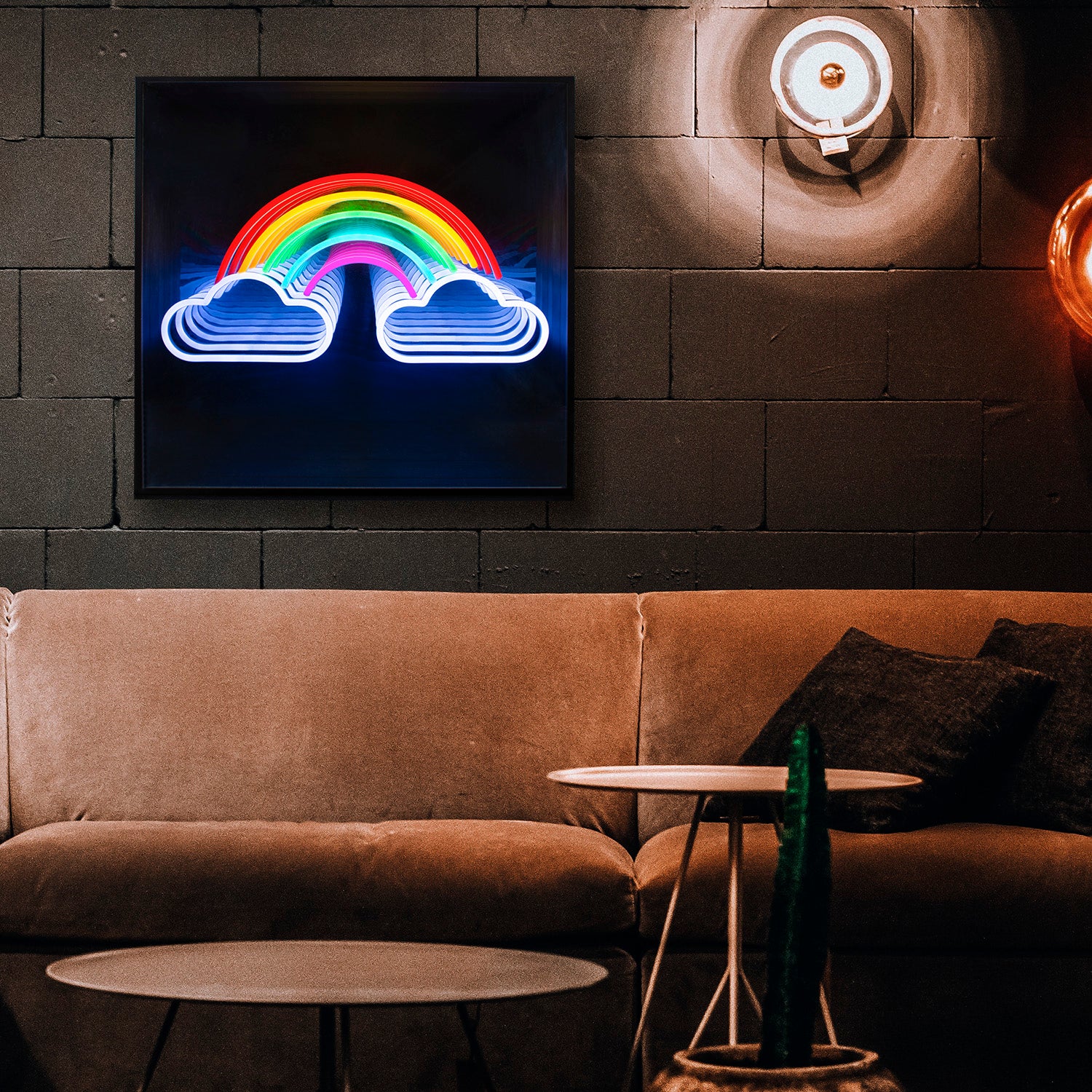 A lifestyle photo showing the Rainbow 3D Infinity LED Neon Sign glowing brightly on a wall in a contemporary living space, highlighting its colorful reflections and depth.