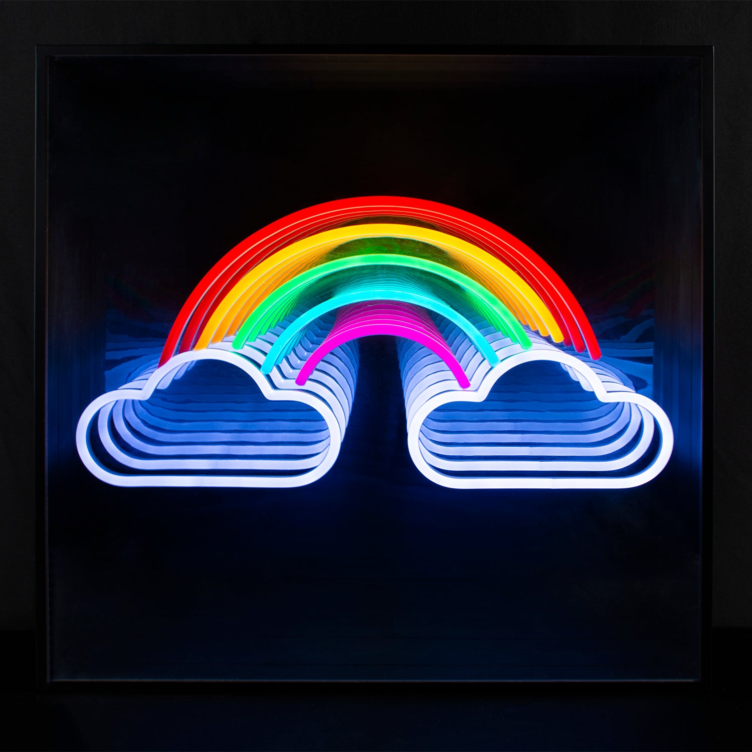 Front-on view of the Rainbow 3D Infinity LED Neon Sign, showcasing the hypnotic infinite tunnel effect of glowing multi-colored concentric squares within a square frame.