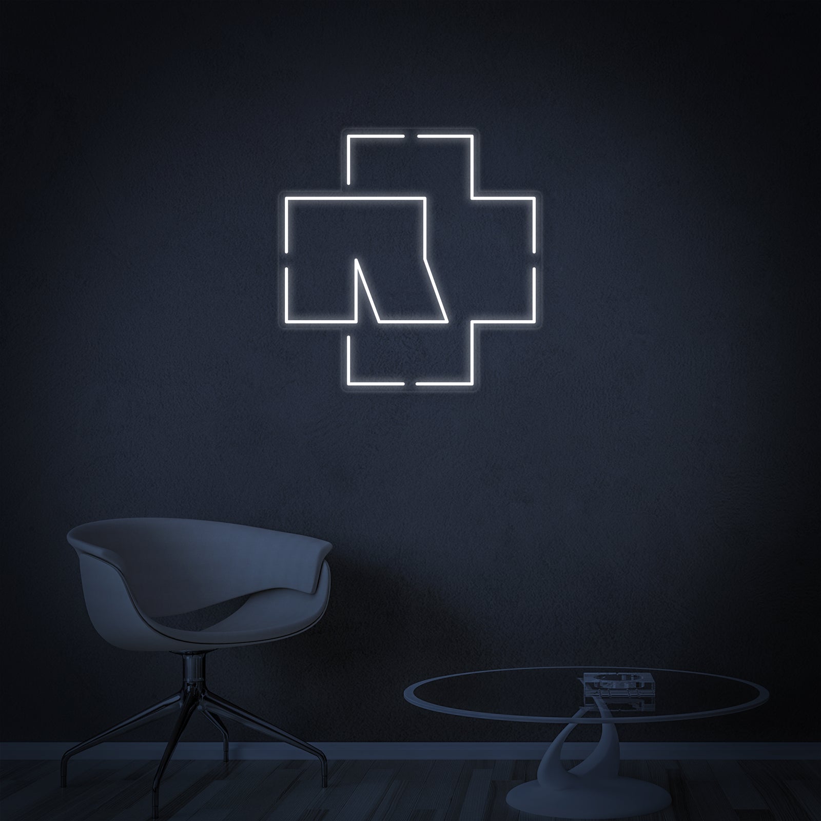 A direct front view of the glowing blue and white Rammstein logo neon sign, emphasizing the design.