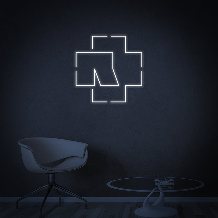 A direct front view of the glowing blue and white Rammstein logo neon sign, emphasizing the design.