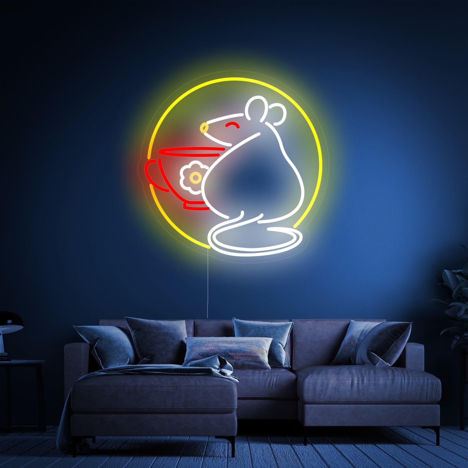 The glowing rat with cup neon sign shown glowing brightly on a plain dark background.