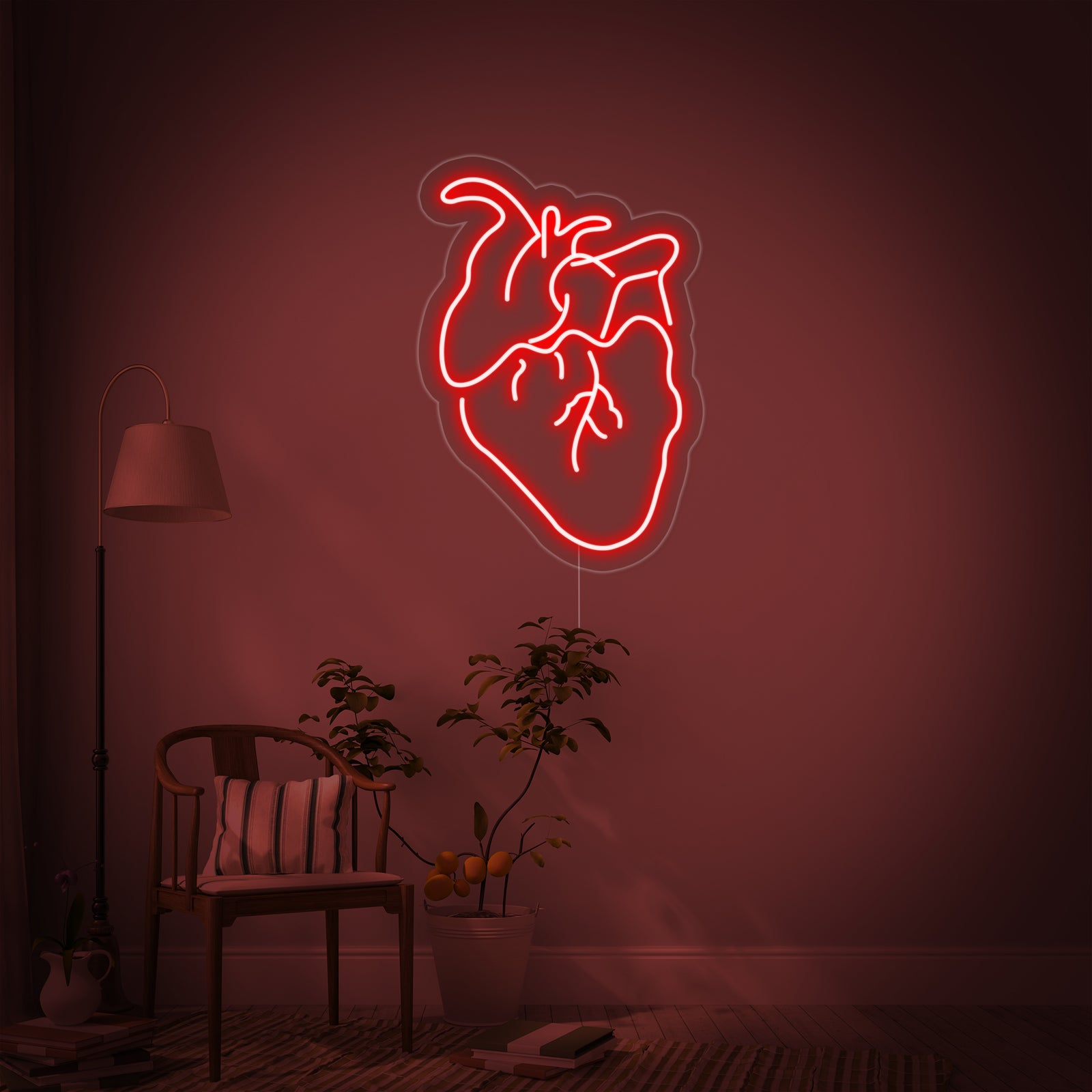 Close-up photograph of the Actual Heart neon sign design, showcasing the detailed anatomical tubes and mounting hardware.