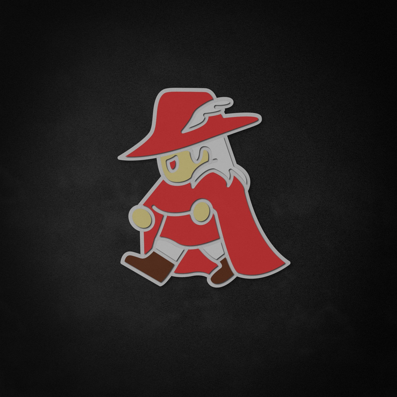 Close-up view of the Red Mage neon like sign, showing the detailed character design and soft blue glow against a dark background.