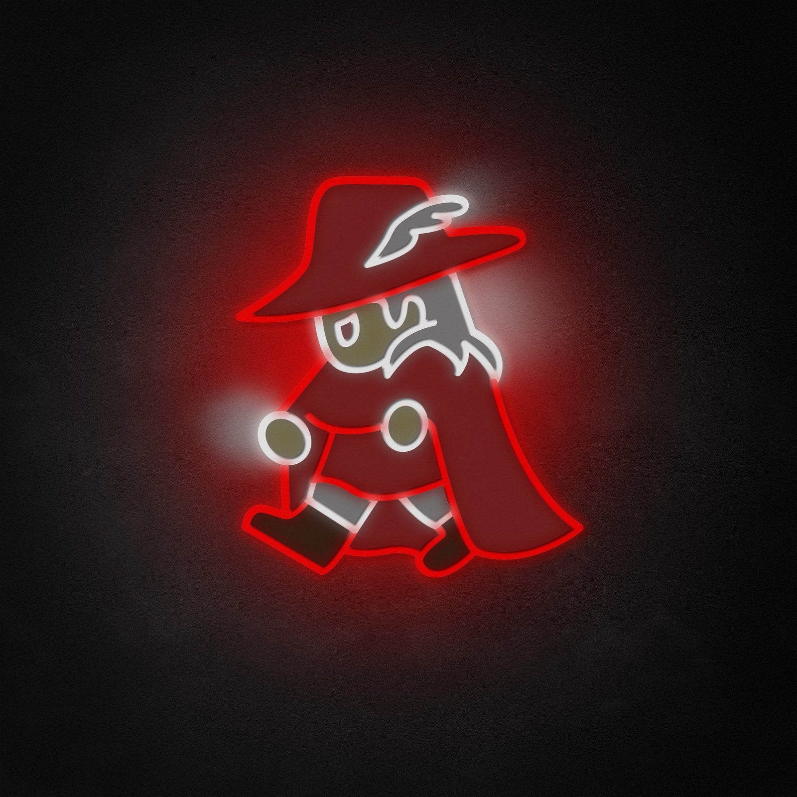 A glowing Red Mage neon like sign featuring a cloaked character holding a staff, displayed on a textured gray wall.