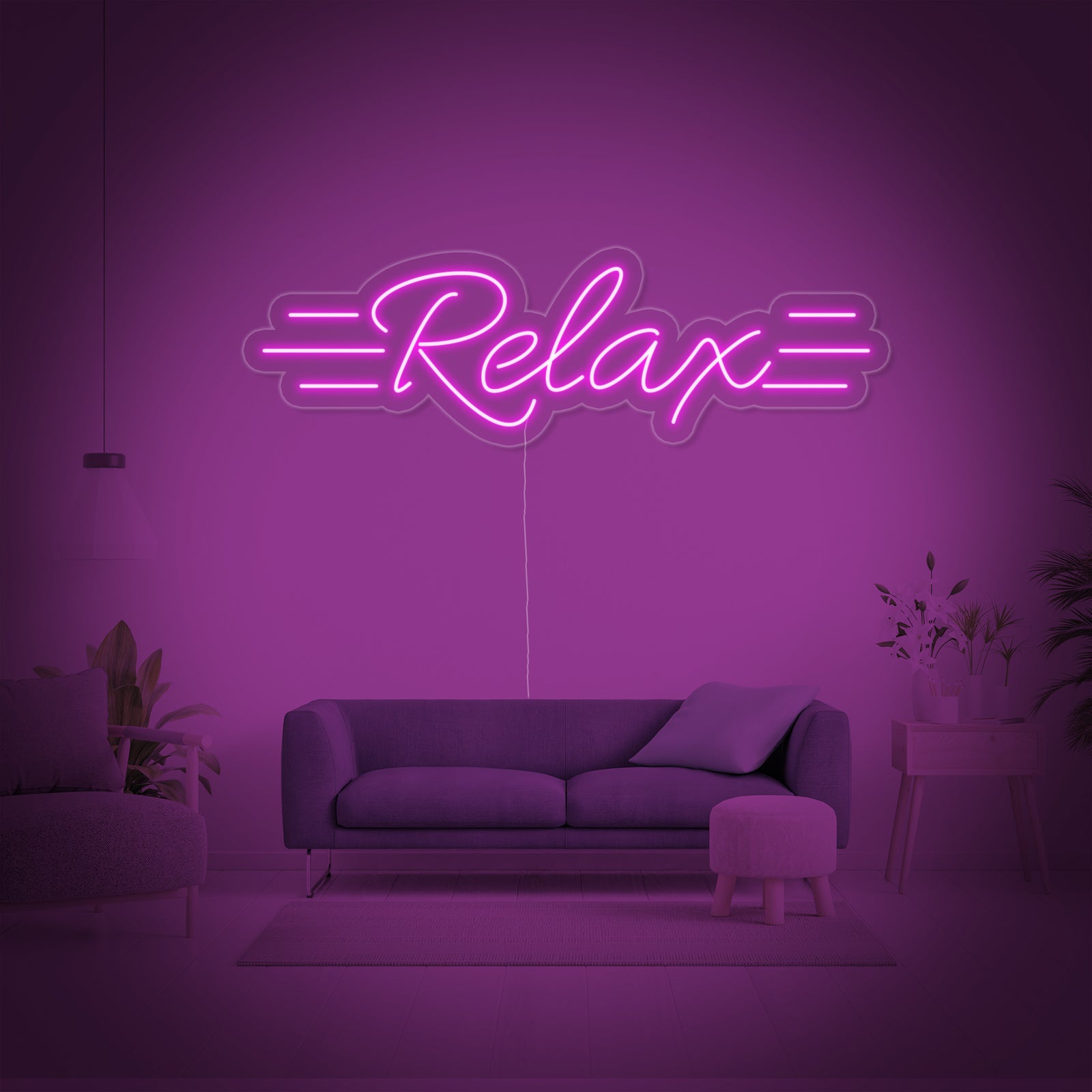 A 'Relax' neon sign mounted on a wall in a contemporary living room setting.