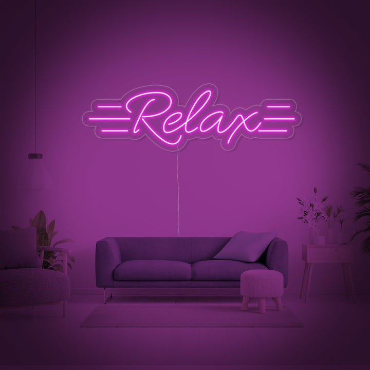 A 'Relax' neon sign mounted on a wall in a contemporary living room setting.