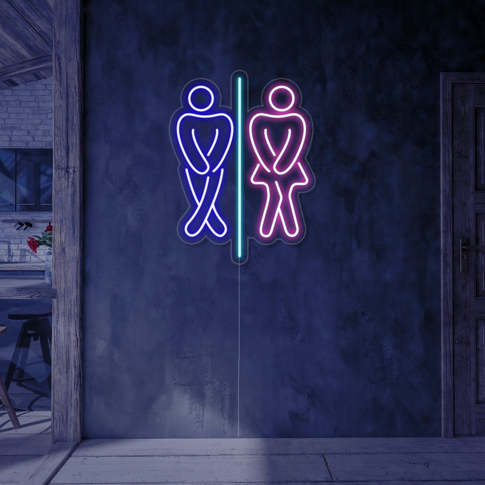 A vibrant Restroom Boy and Girl Toilet neon sign design graphic over a blurred, modern restaurant restroom entrance.
