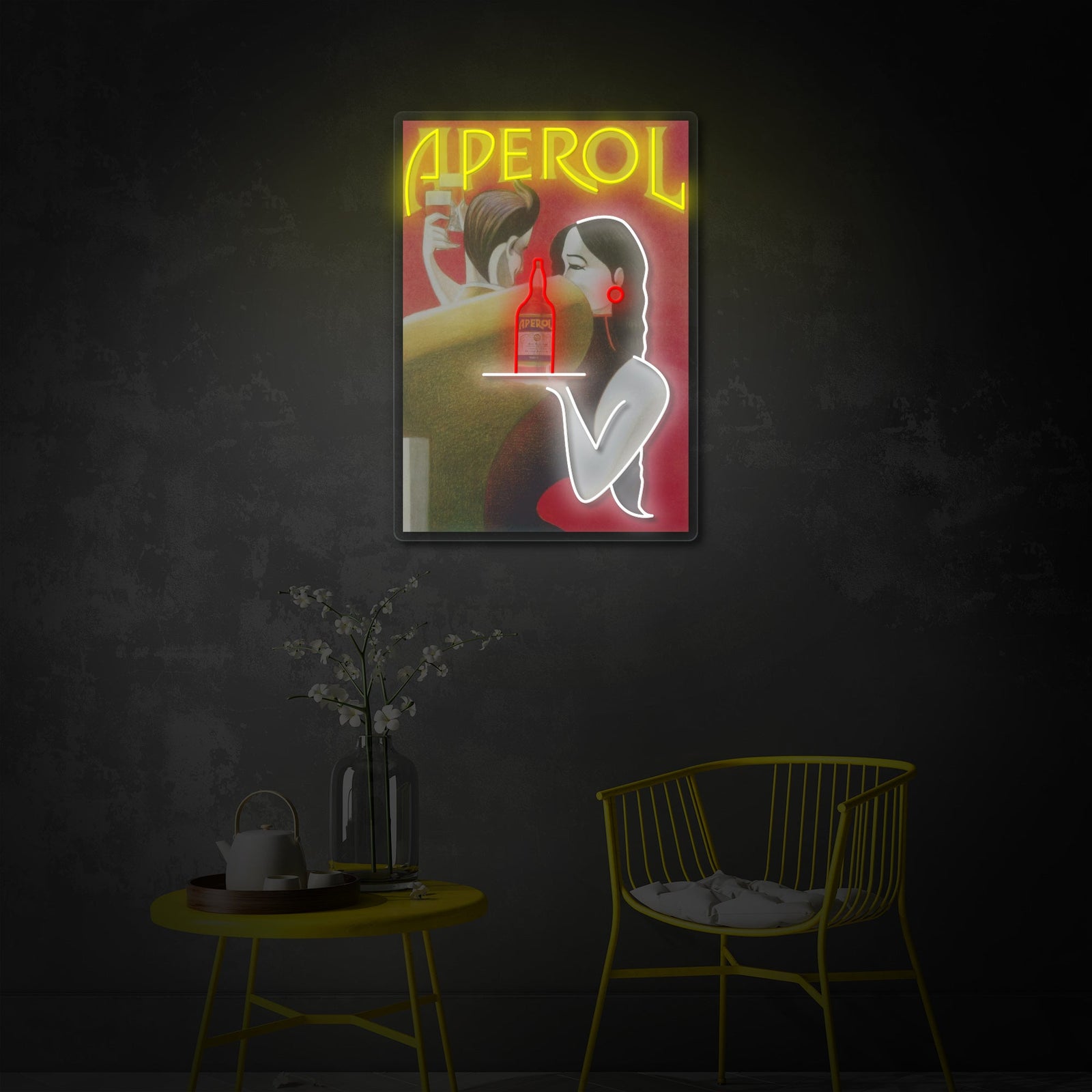 Close-up detail of the UV-printed Aperol poster art showing the layered glowing neon tubes providing illumination in a dark room.