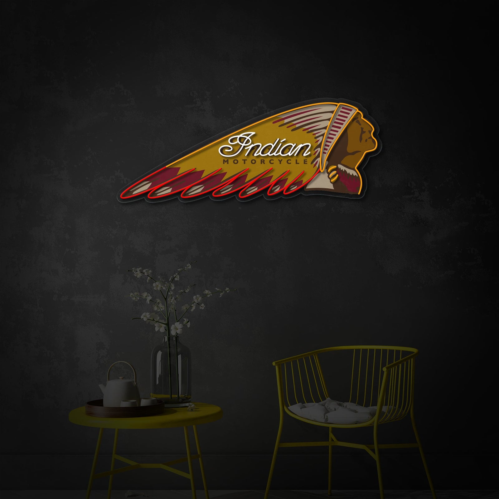 The Retro Motorcycle sign shown hanging on a rustic dark brick wall in an indoor space, its bright glow creating a warm ambiance and contrasting with the textured background.