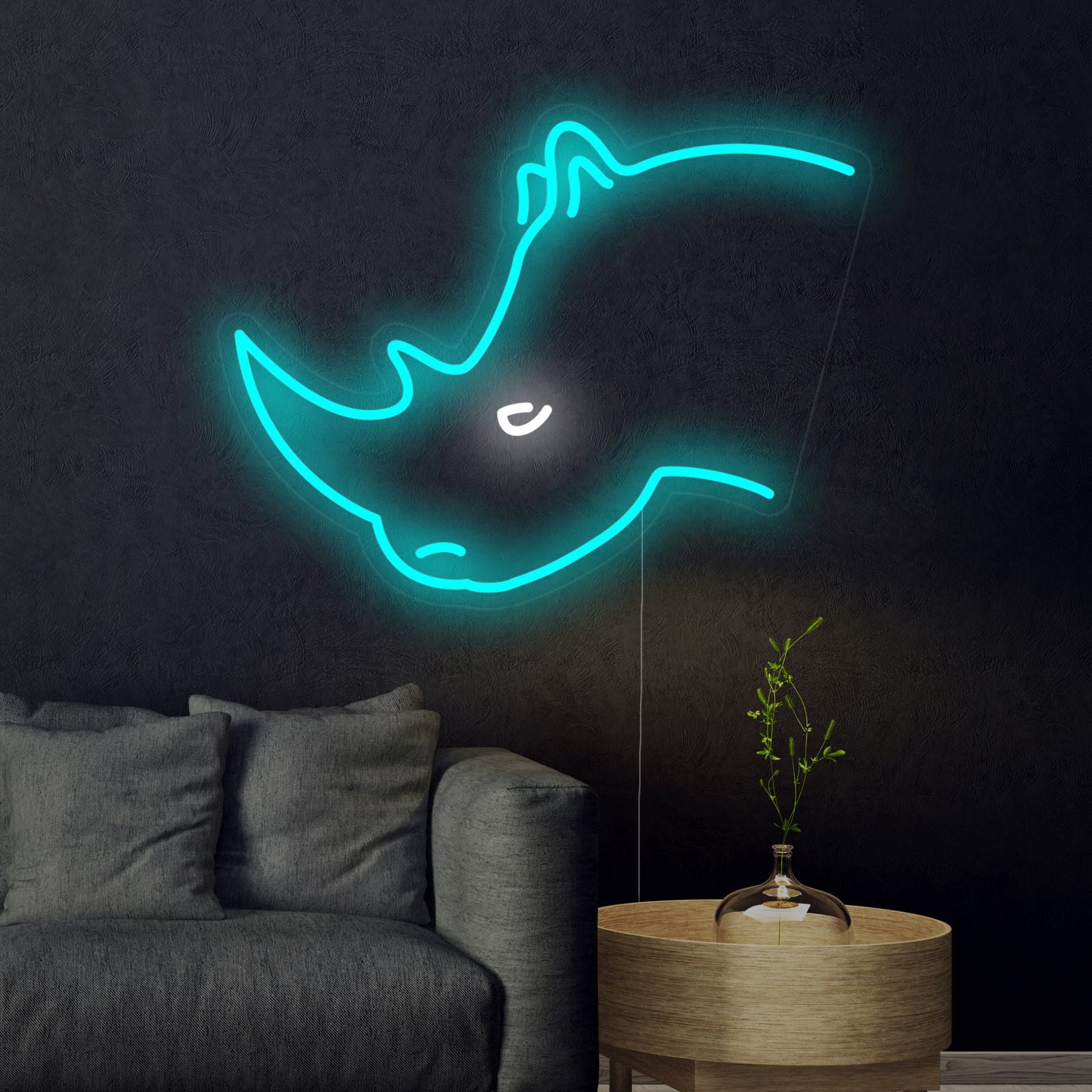 A detailed product shot of the illuminated Rhino Head neon sign mounted on a clean background, showing the vibrant neon tubing and the clear acrylic backing.