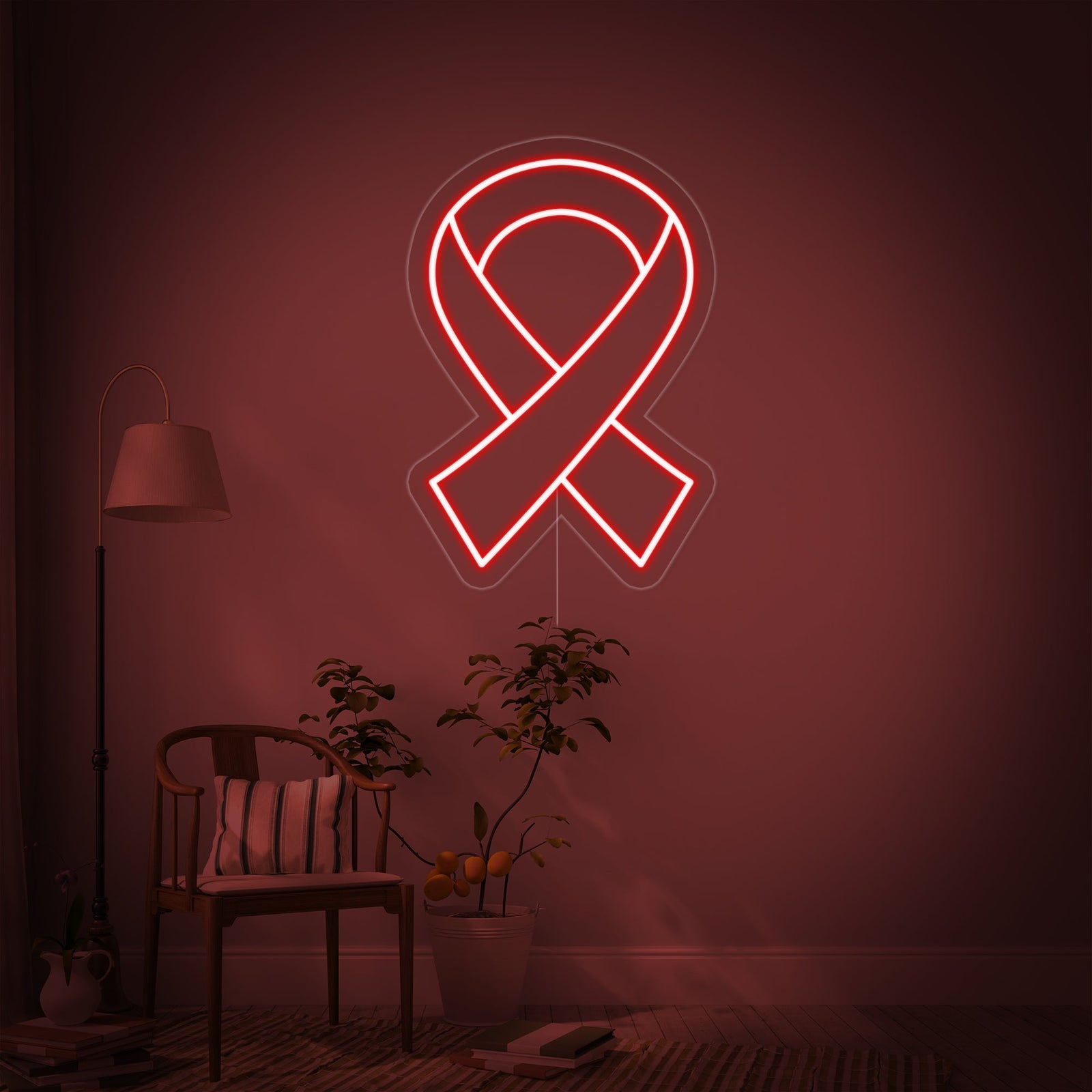 Ribbon neon sign glowing on a clean light colored wall.
