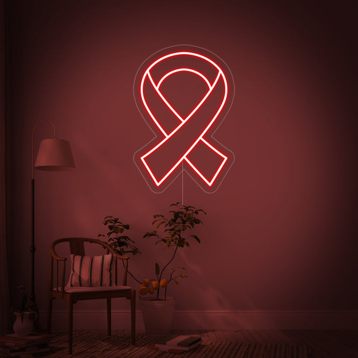 Ribbon neon sign glowing on a clean light colored wall.