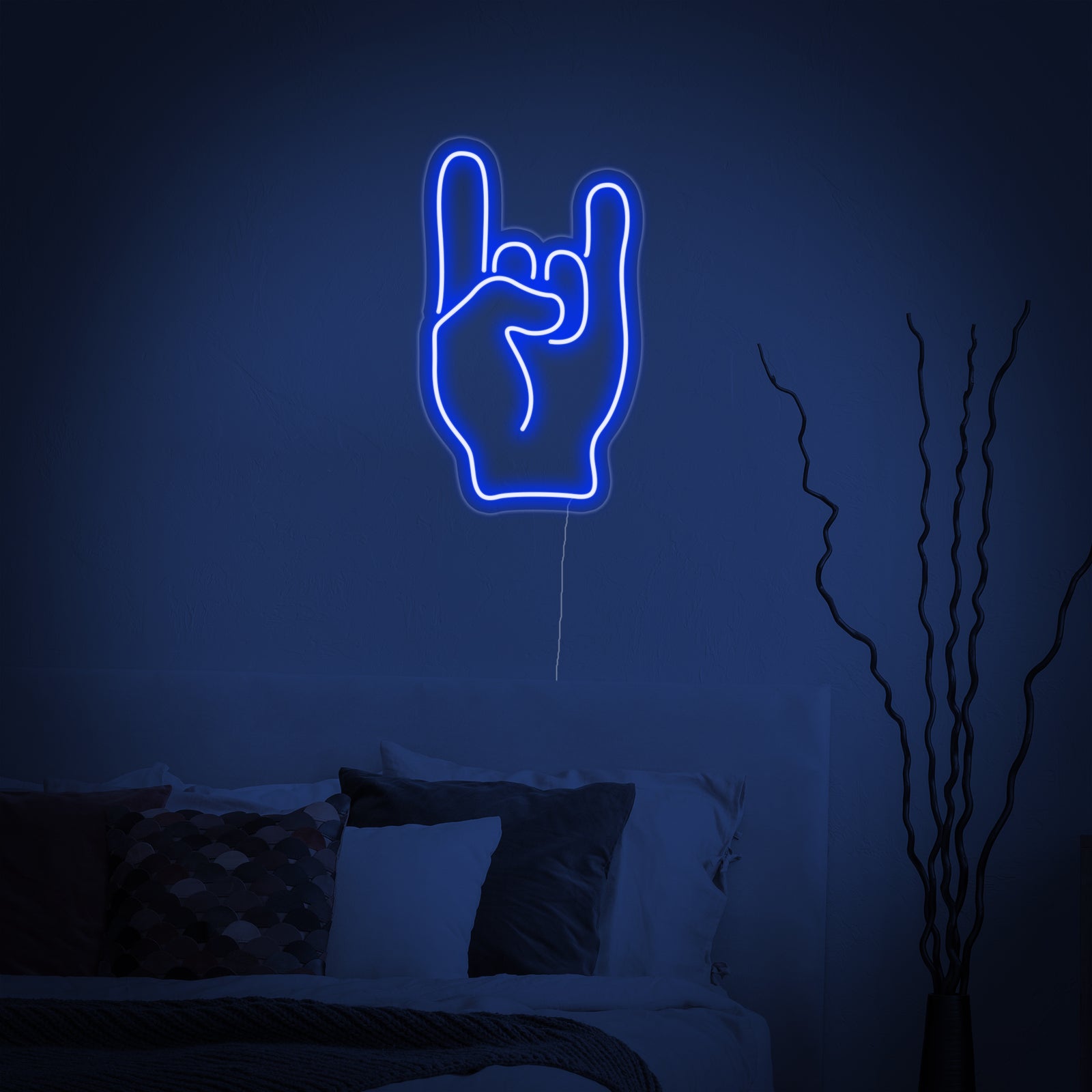 Close-up view of the Rock Hand Neon Sign design, showing the clean lines of the illuminated hand sign against a dark bedroom background.