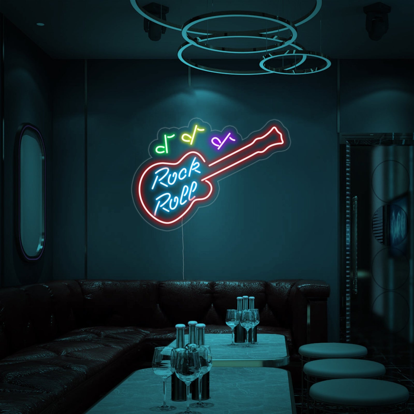 A close-up photograph of the 'Rock Roll' neon sign, showcasing the detailed glowing tubing mounted on a clear acrylic backing.