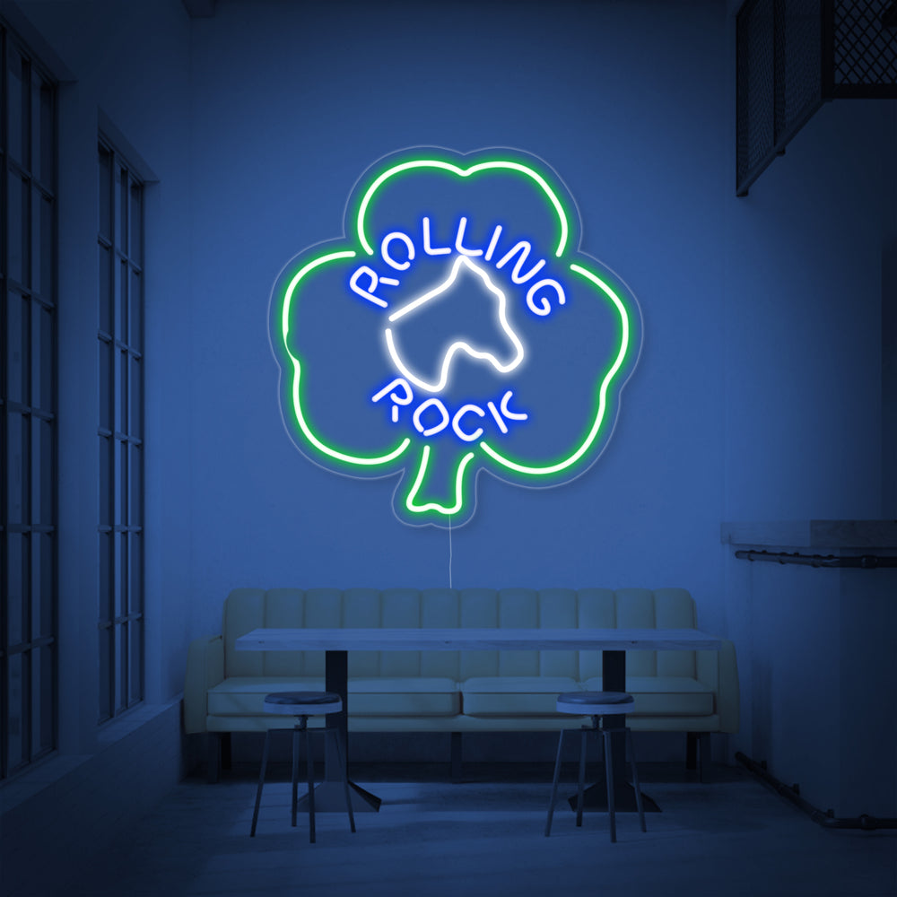 A clean, professional mockup of the Rolling Rock Horsehead Shamrock neon sign, showing the detailed tubing design and clear acrylic backing.