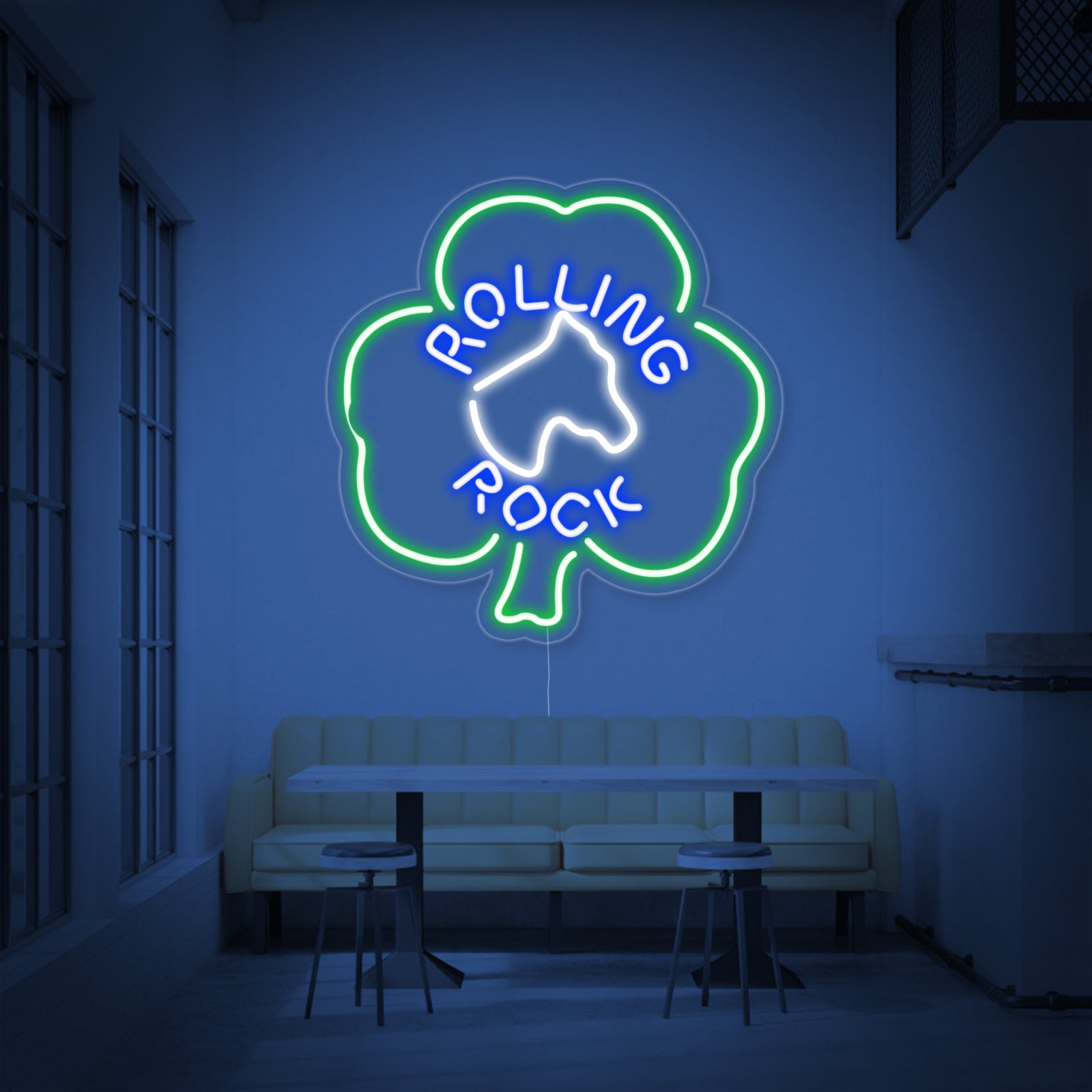 A clean, professional mockup of the Rolling Rock Horsehead Shamrock neon sign, showing the detailed tubing design and clear acrylic backing.