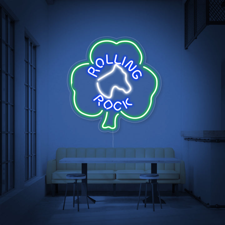 A clean, professional mockup of the Rolling Rock Horsehead Shamrock neon sign, showing the detailed tubing design and clear acrylic backing.