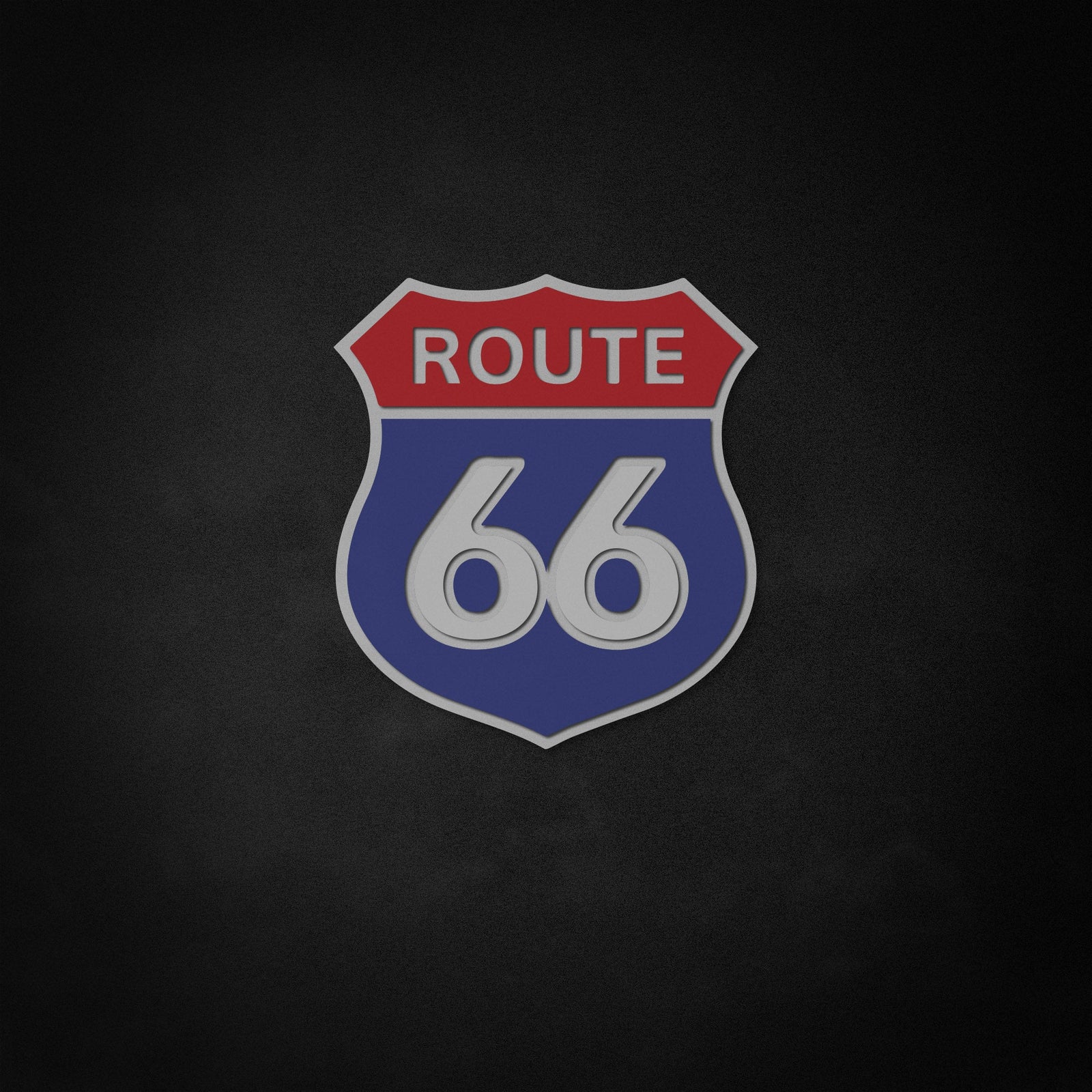 A glowing graphic design of a Route 66 neon sign with blue and orange elements.