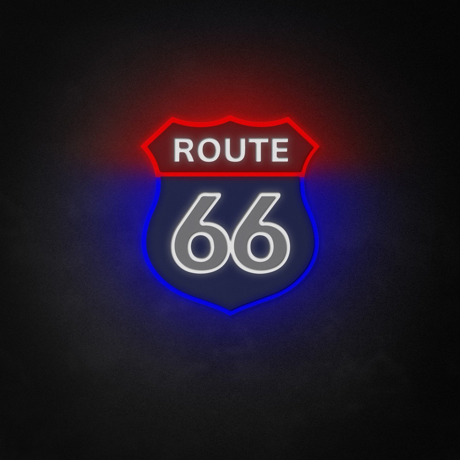 A clean, flat digital design of a glowing blue and orange Route 66 neon sign against a dark textured background.