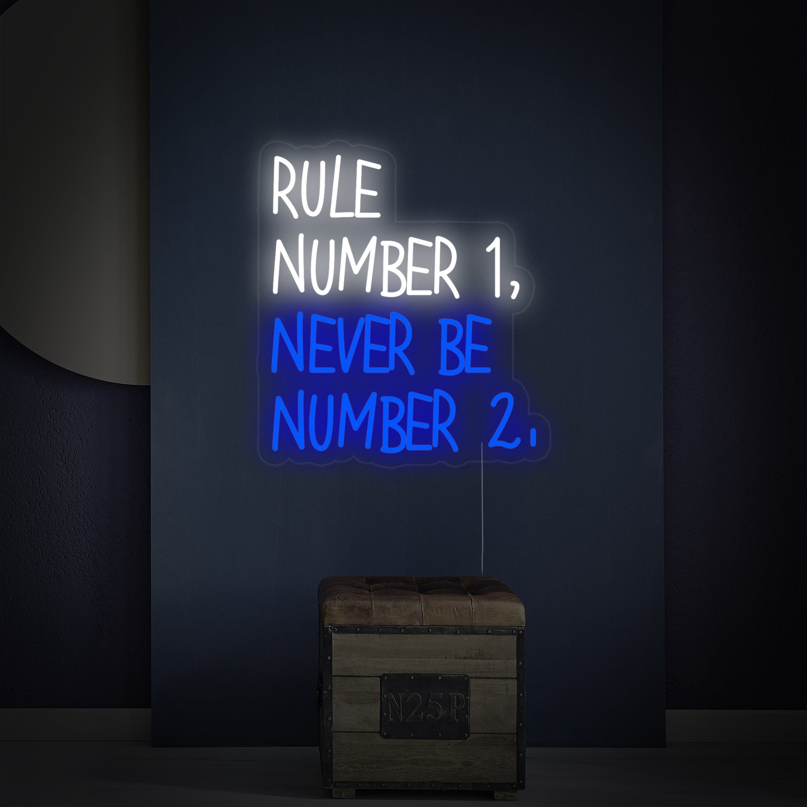 The 'Rule Number' neon sign is shown illuminated against a clean, contemporary interior background.