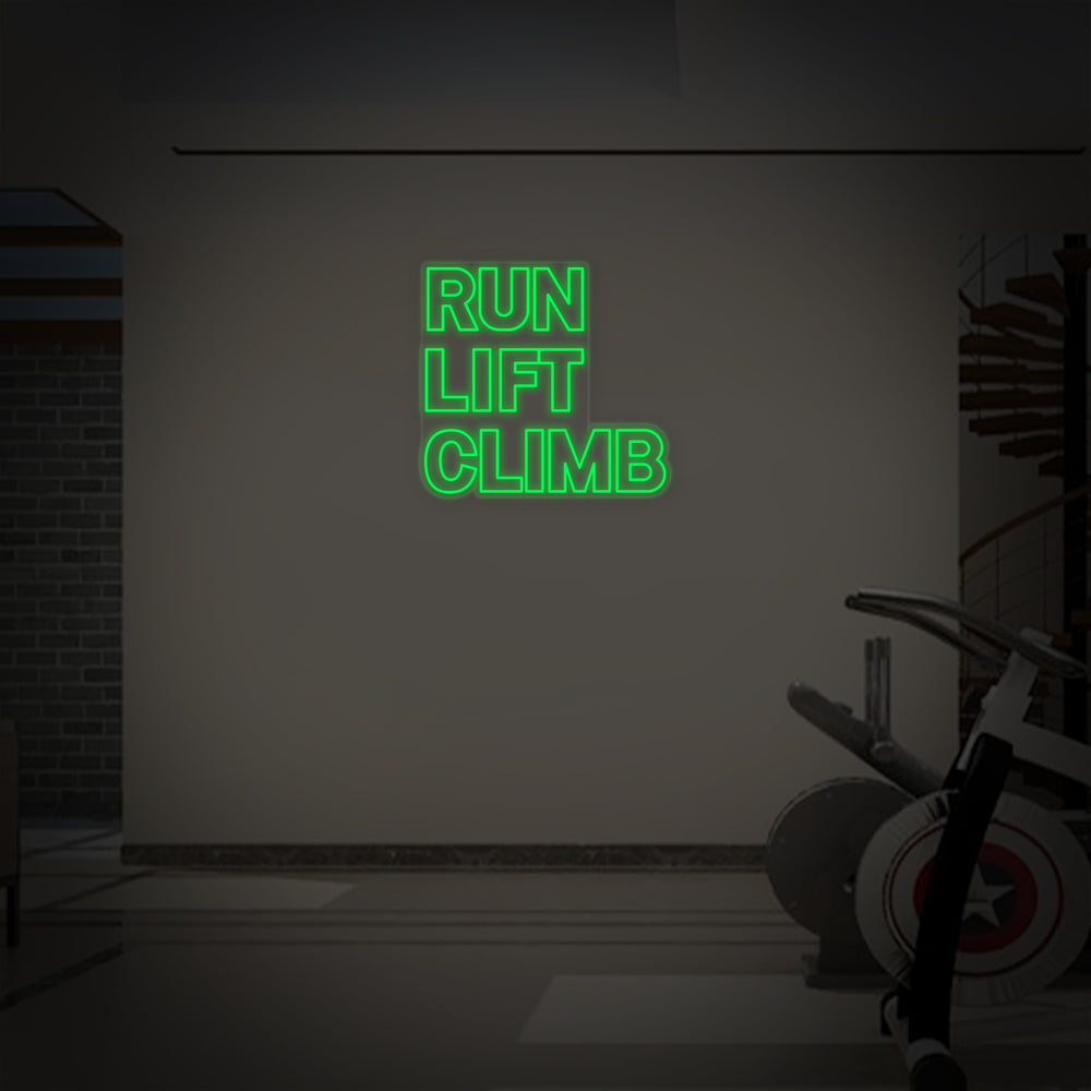 Close-up view of the Run Lift Climb Fitness neon sign design on a transparent backboard against a black background.