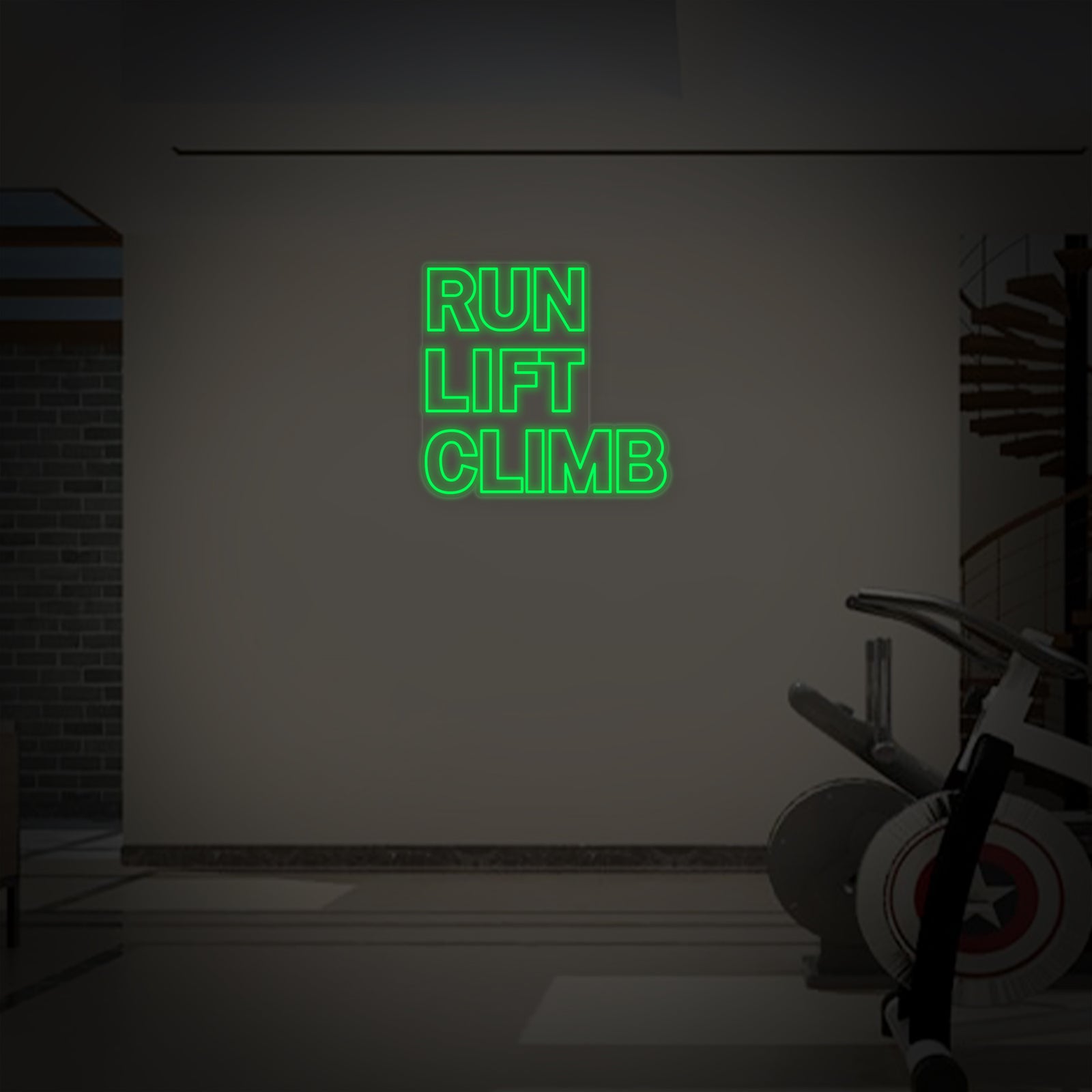 Close-up view of the Run Lift Climb Fitness neon sign design on a transparent backboard against a black background.