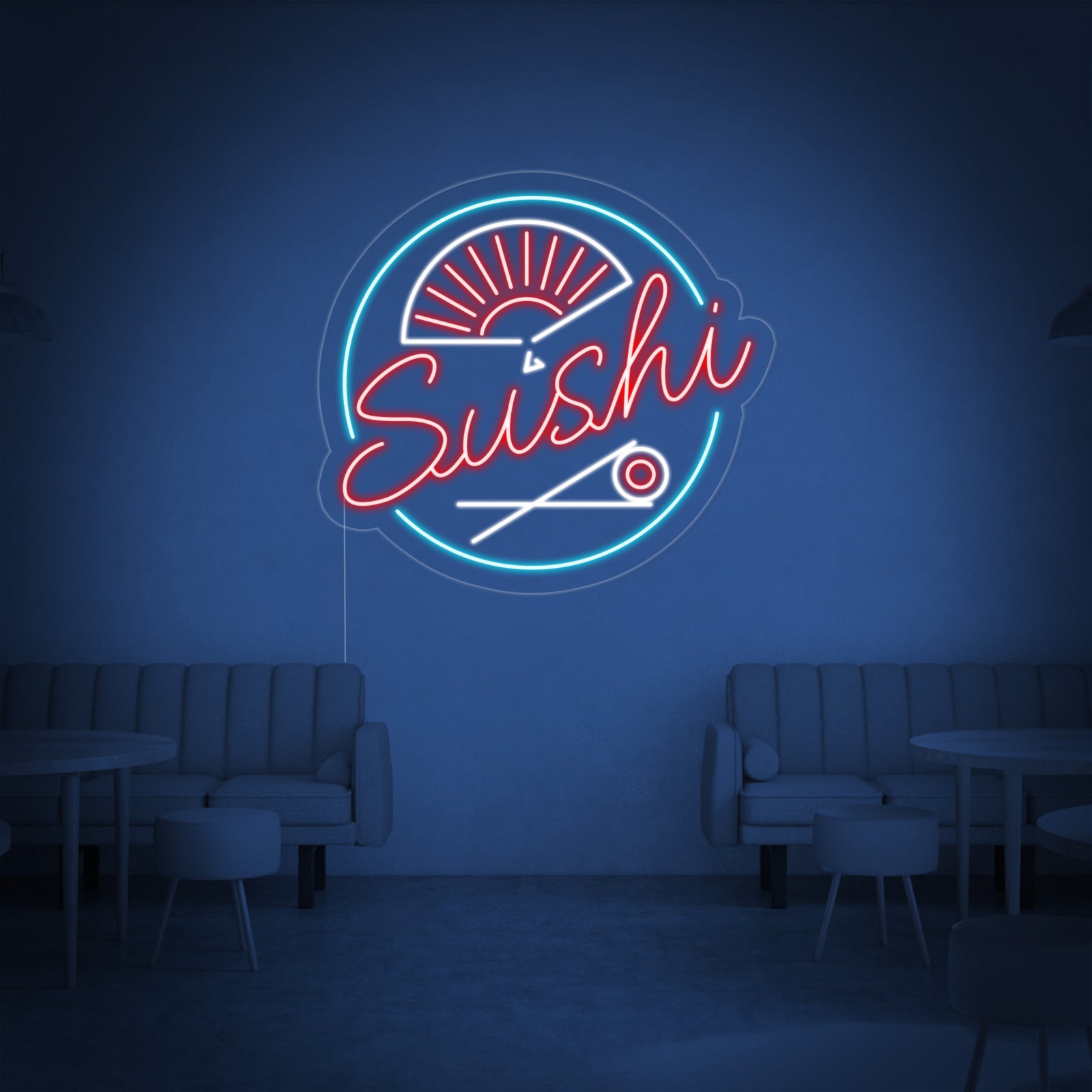 Detailed product shot of the 'Sushi' neon wall sign mounted on clear acrylic with wiring visible.
