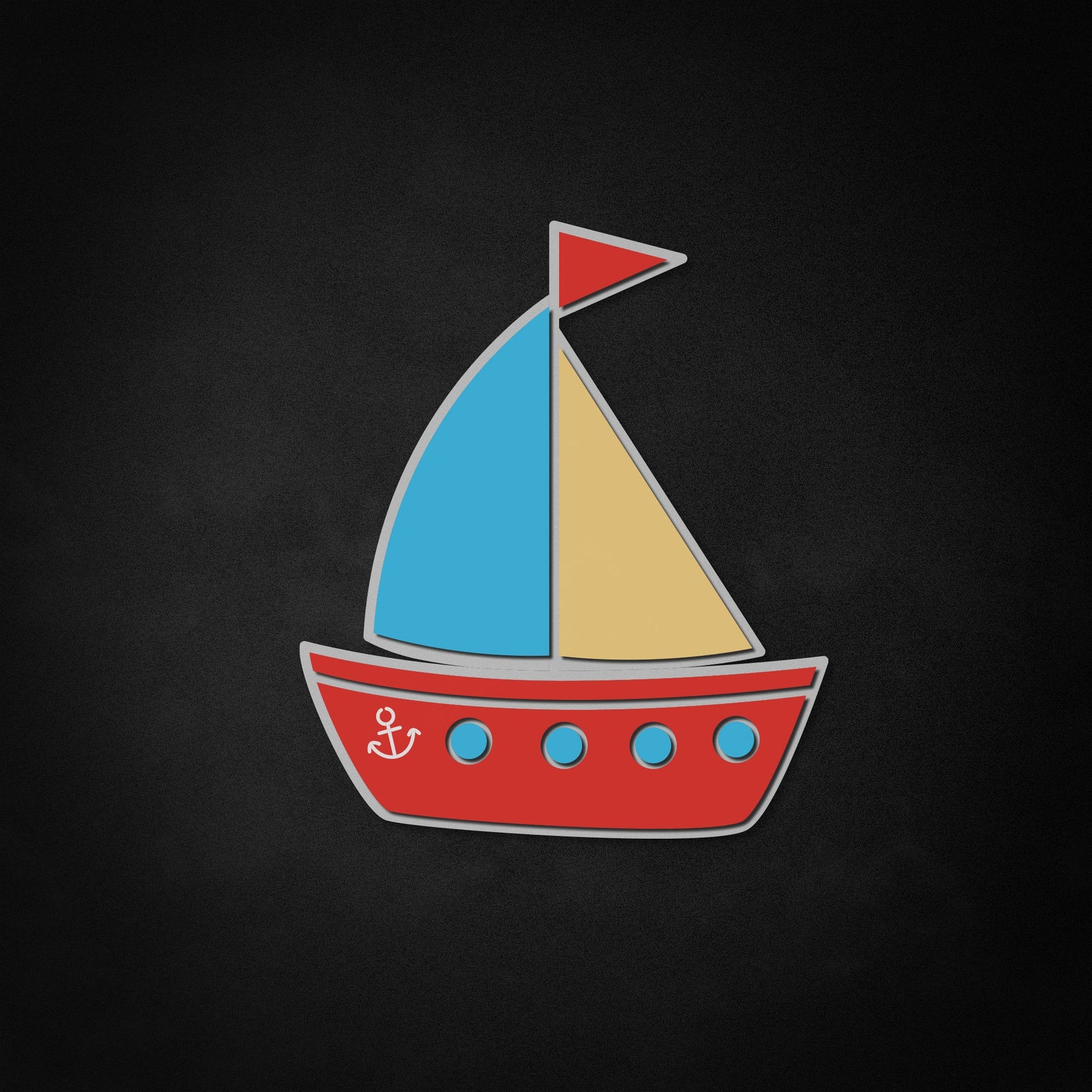 A flat graphic illustration of a sailboat neon-style sign with a beveled look, displayed on a textured background.