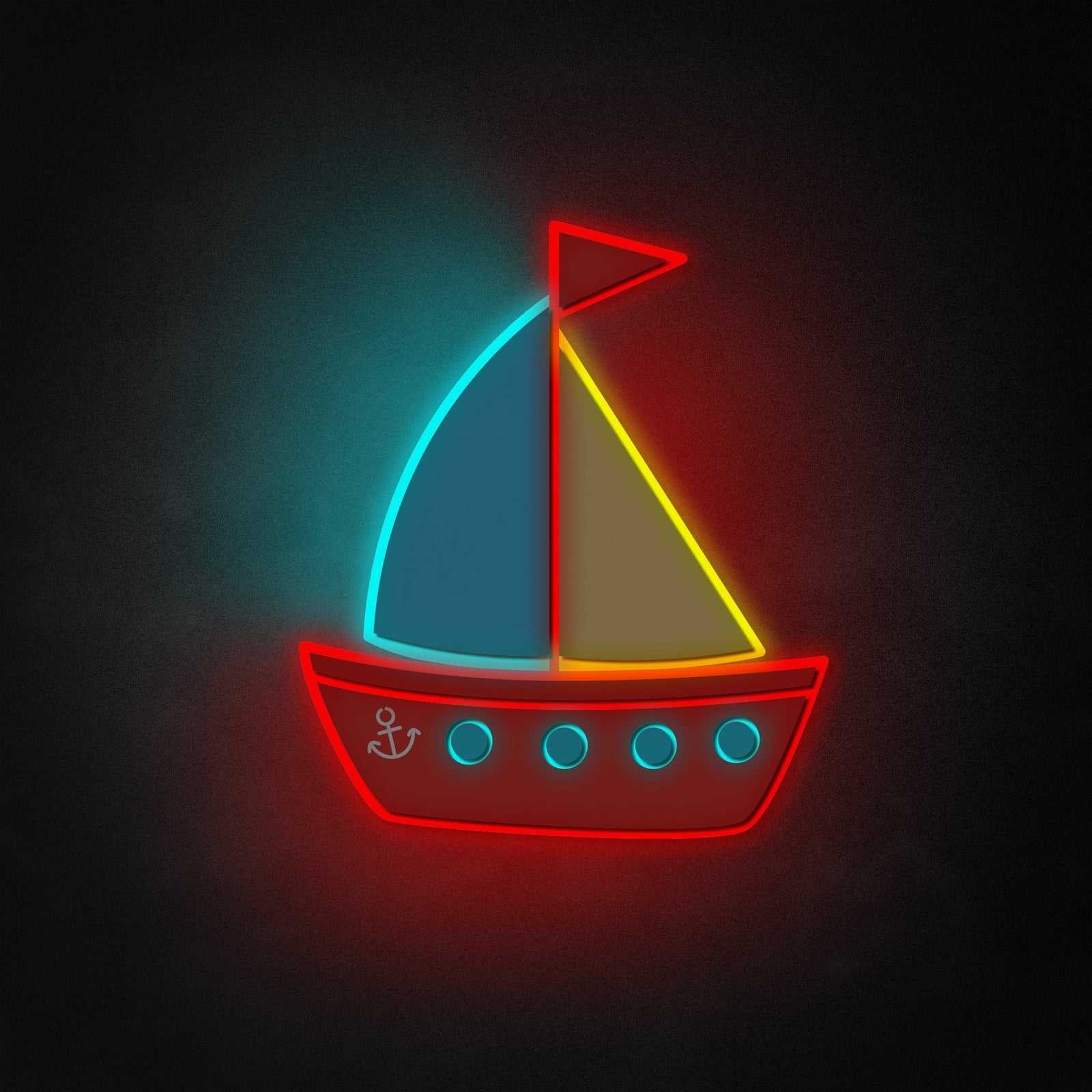 A clean digital design of a sailboat neon-style sign on a dark textured background with simulated light glow.