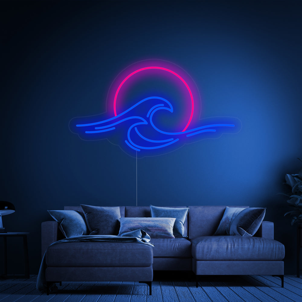 A focused view of the "Sea Sunset Sunrise Wave" neon sign design, showing the glowing blue, orange, and white tubing mounted on a transparent background.