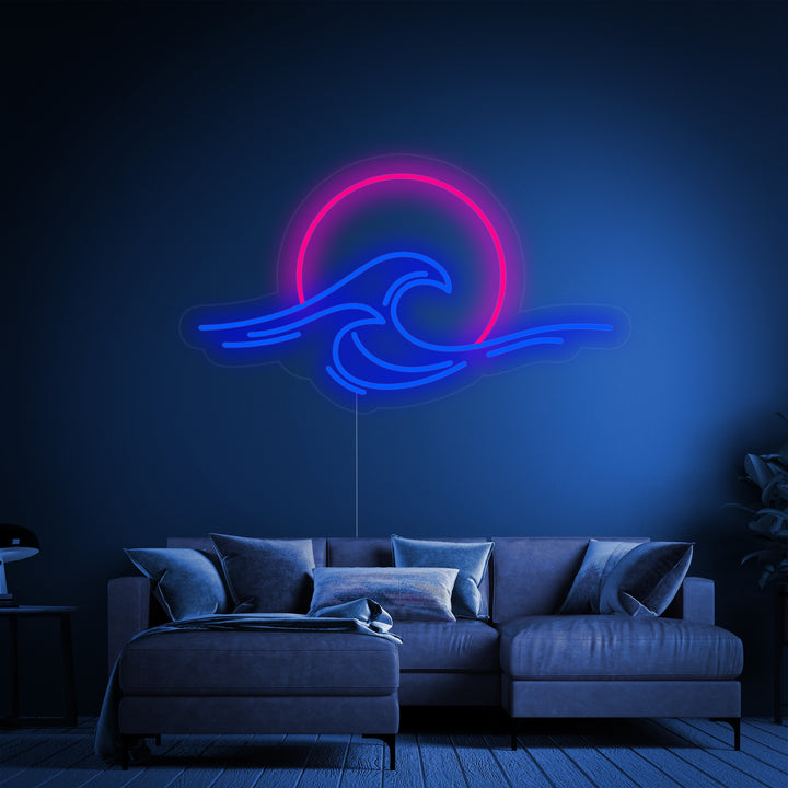 A focused view of the "Sea Sunset Sunrise Wave" neon sign design, showing the glowing blue, orange, and white tubing mounted on a transparent background.