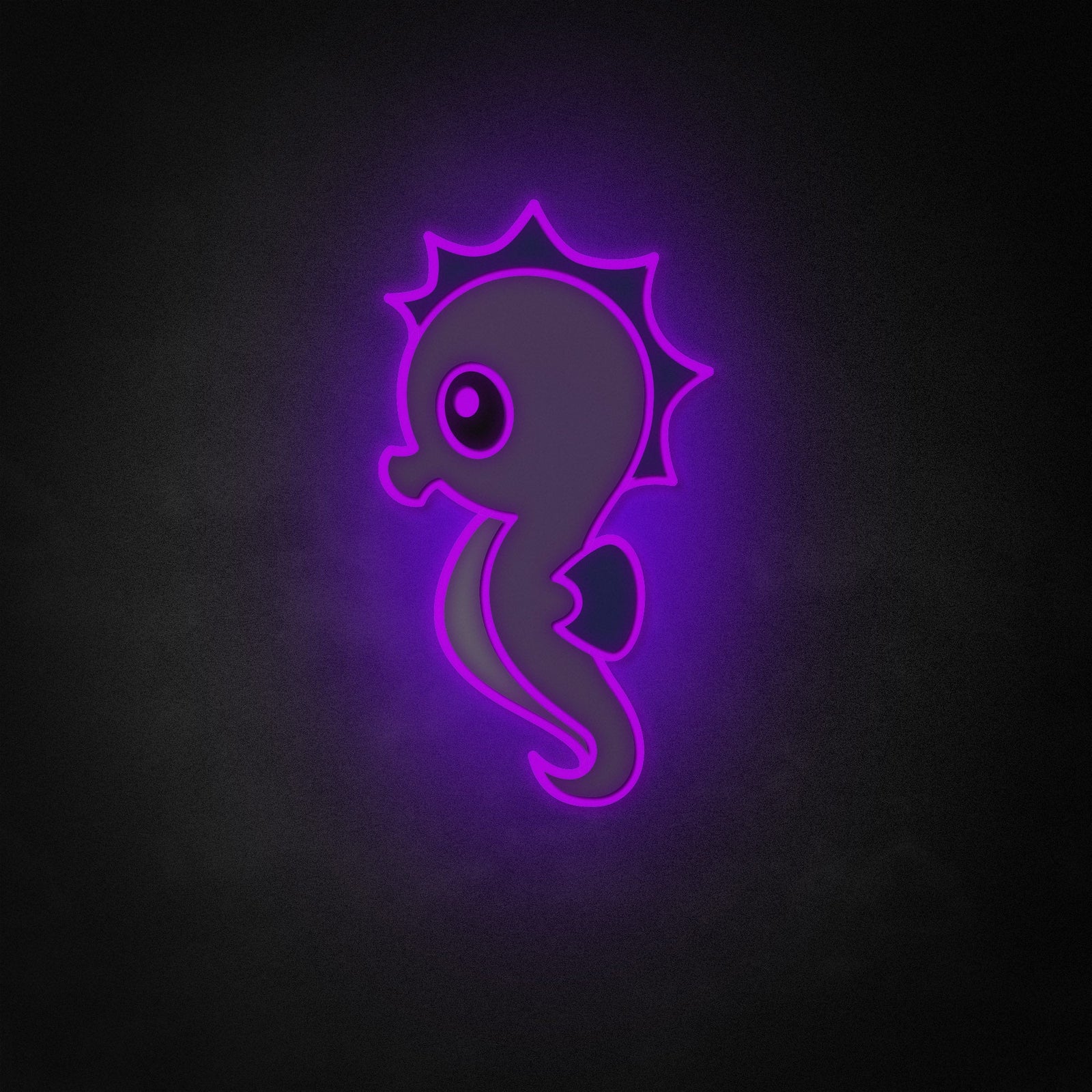 Vibrant blue and orange seahorse art neon like sign glowing against a dark, textured background.