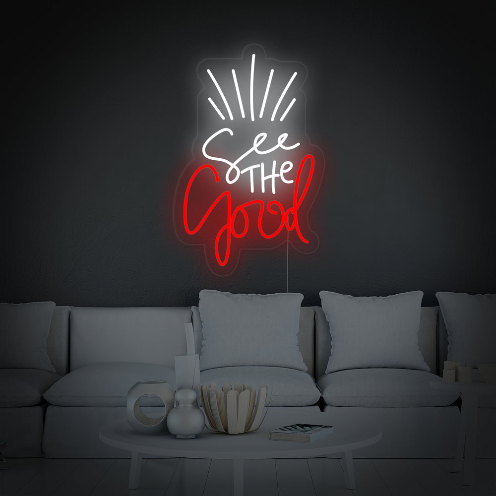 The official design render for the 'See The Good' neon wall sign.