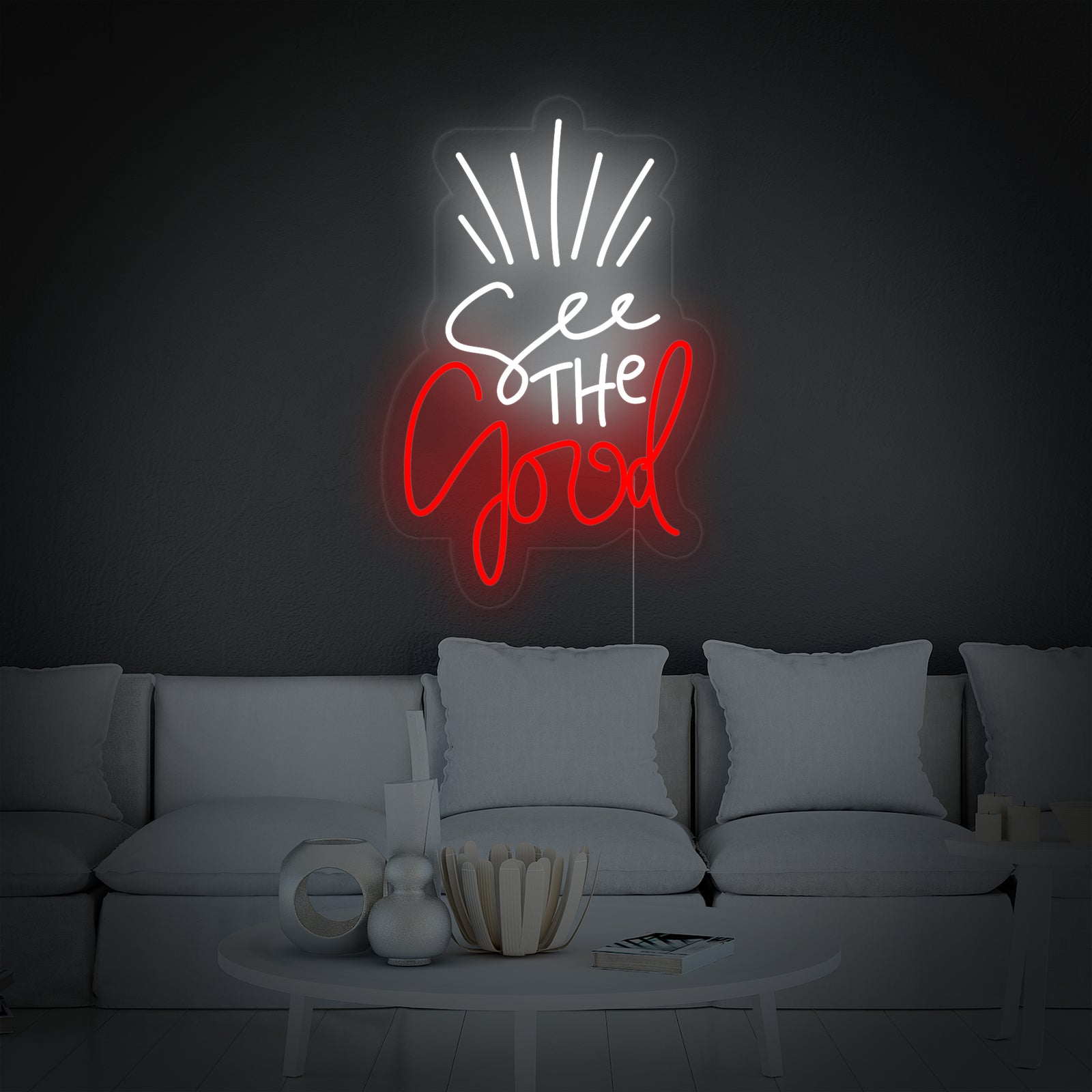 The official design render for the 'See The Good' neon wall sign.