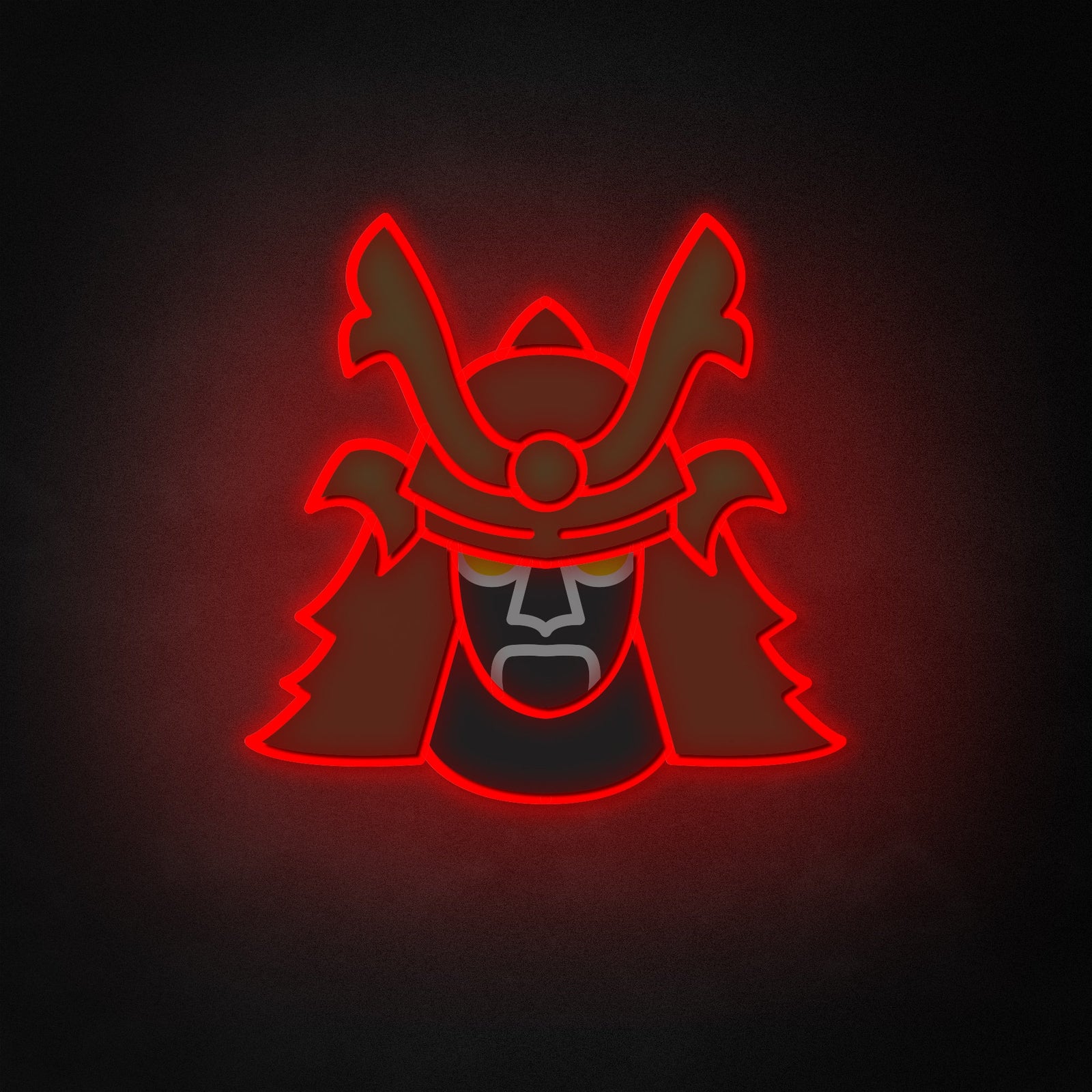 "Shogun Mask" neon-like sign glowing red on a textured dark wall, depicting a stylized Japanese warrior mask.
